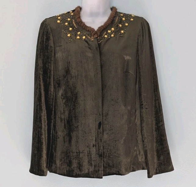 Worth Beaded Velvet Top Women’s 8 Green Faux Fur Neckline 18% Silk Long Sleeve