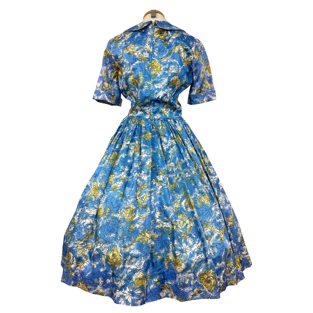 Vintage 1950s Blue & Yellow Floral Print Fit n Flare Tea Party Day Dress