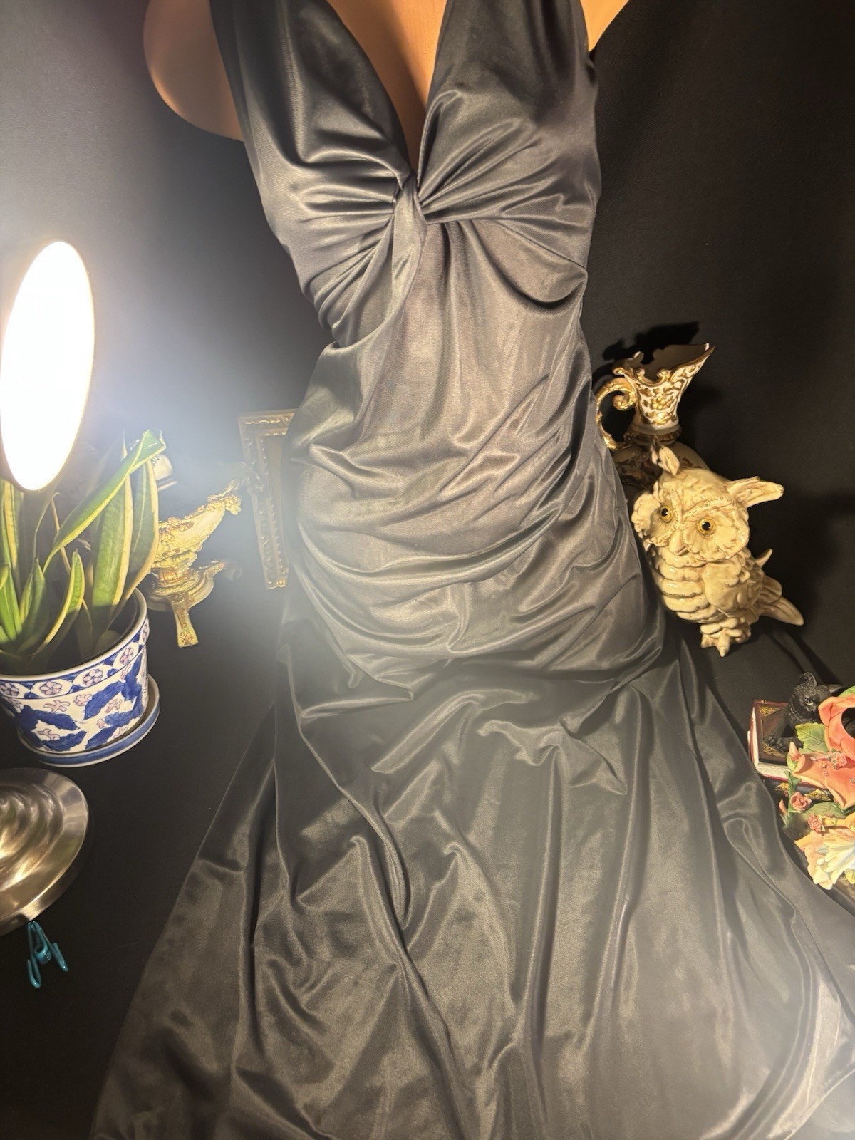Vtg Silky Jet Black Wrap Bodice Frosted Shiny Long Gown Negligee Nightgown S