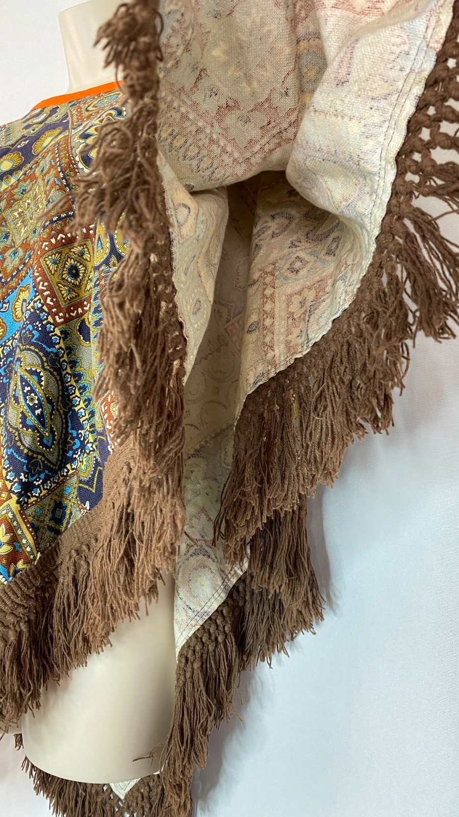 Vintage 1970s patchwork poncho OSFM pullover fringe brown blue mustard cotton