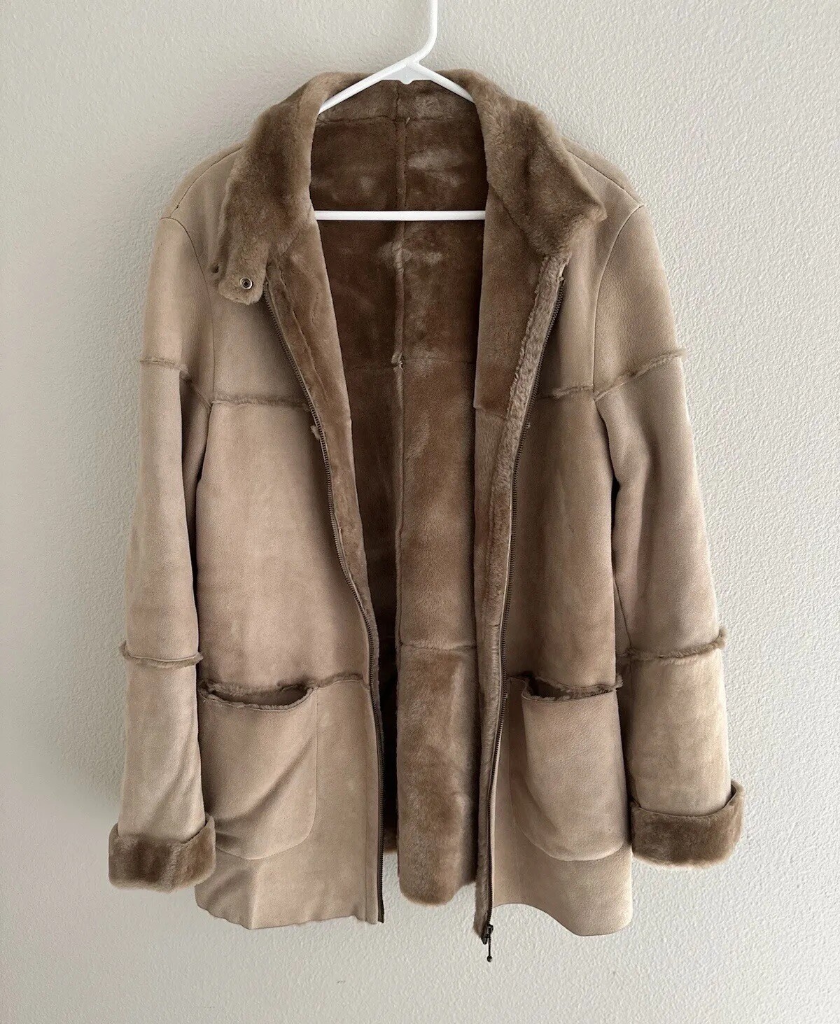 Vintage Suede Coat, 100% Sheepskin Genuine Shearling, Tan Brown Jacket SIZE 12