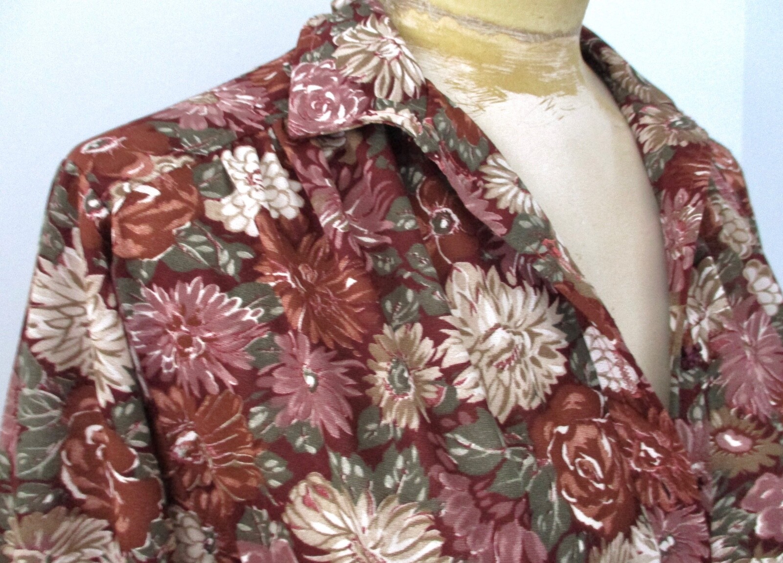 Vtg 70s Autumn Floral Poly Chiffon Dress Empire Drawstring Waist Dolman Slvs M/L