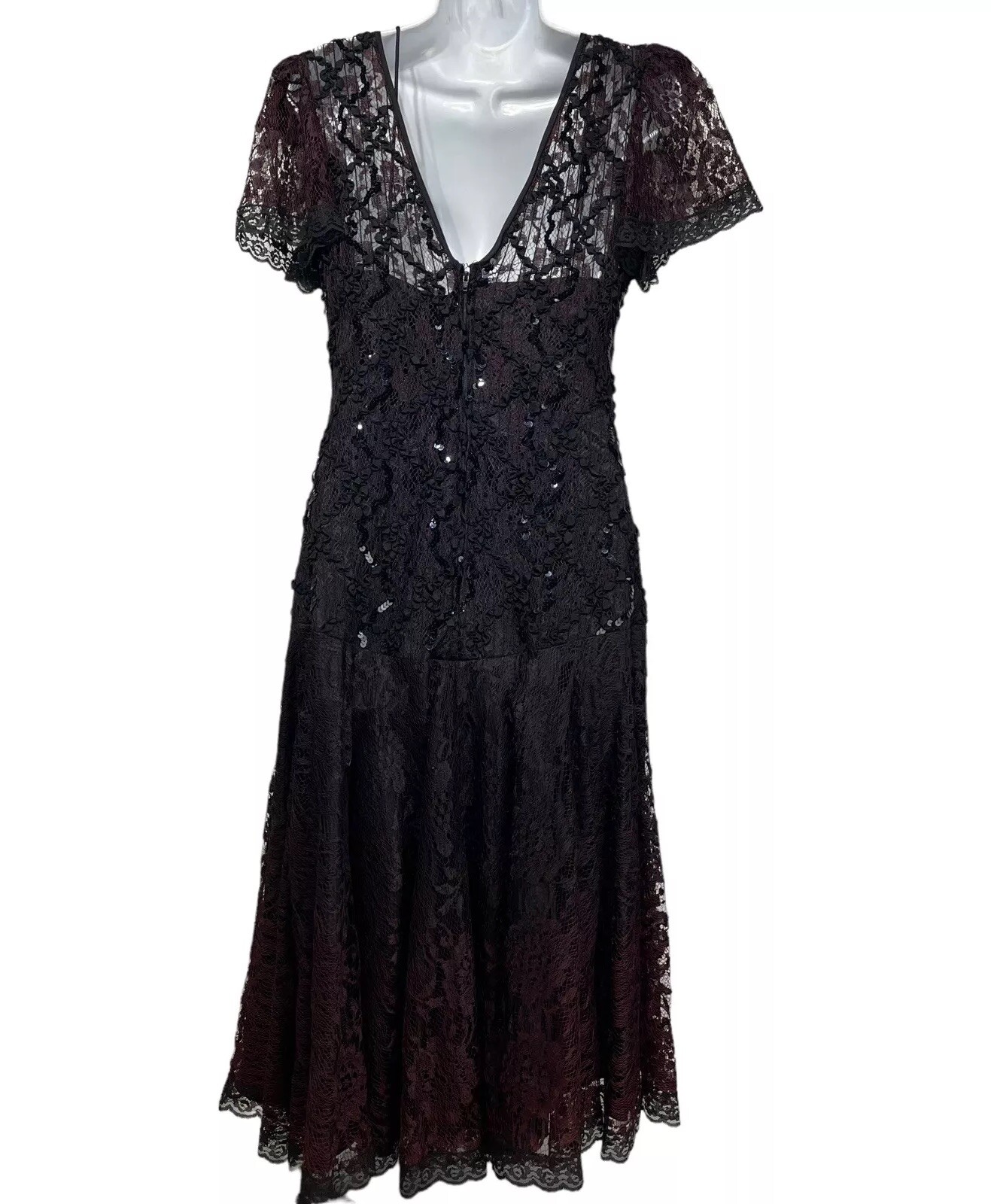 Vintage 80s Shuet Young Black Red Lace Sequin Gothic Dark Dress Size 6