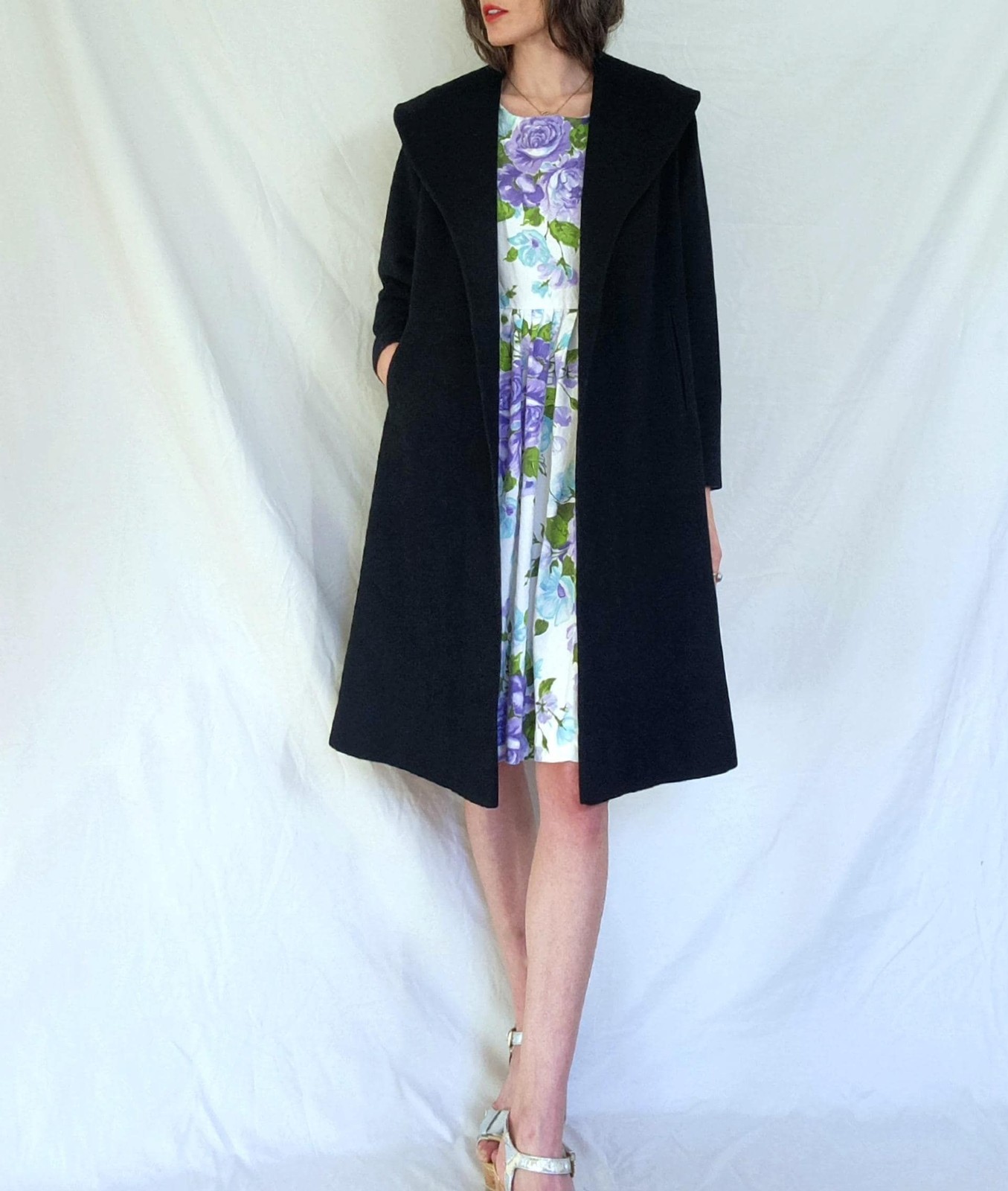 Vintage 1940s Black Wool Swing Coat: Shawl Collar, Western Style, Women’s S