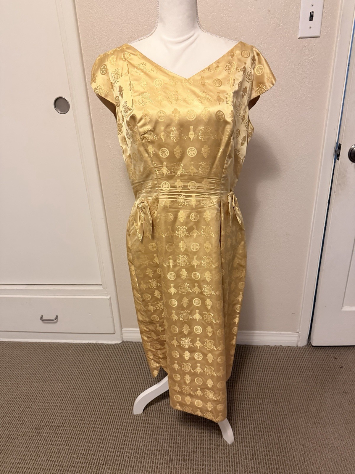 50s 60s Handmade Large Cheongsam Yellow Silk Lined Qipao Dress With Jacket