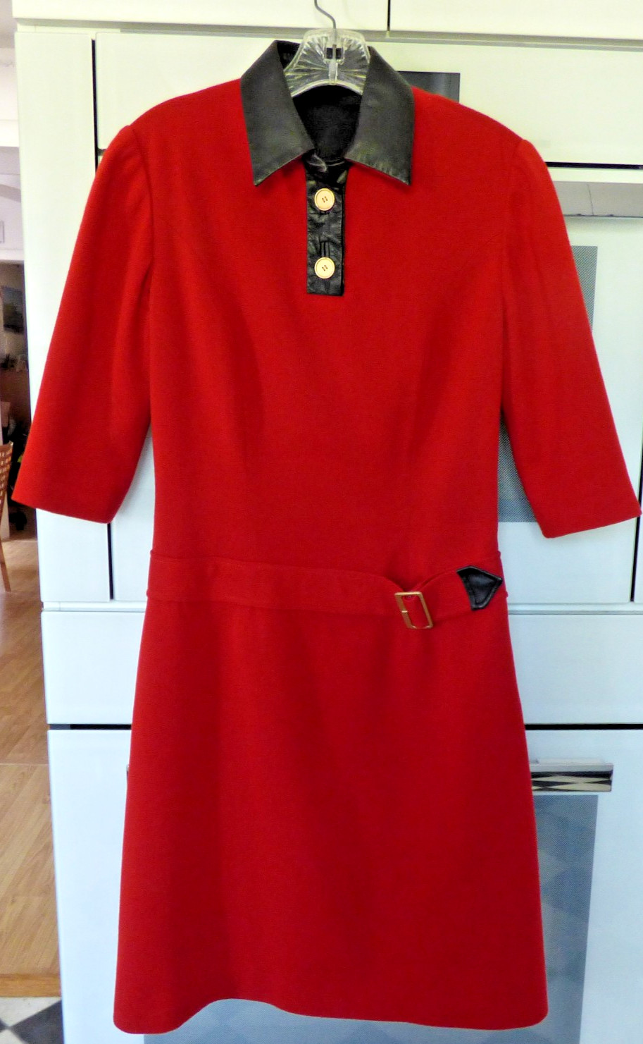VINTAGE PEGGY JENNINGS DRESS RED WOOL KNIT W LEATHER TRIM FULLY SATIN LINED 4-6