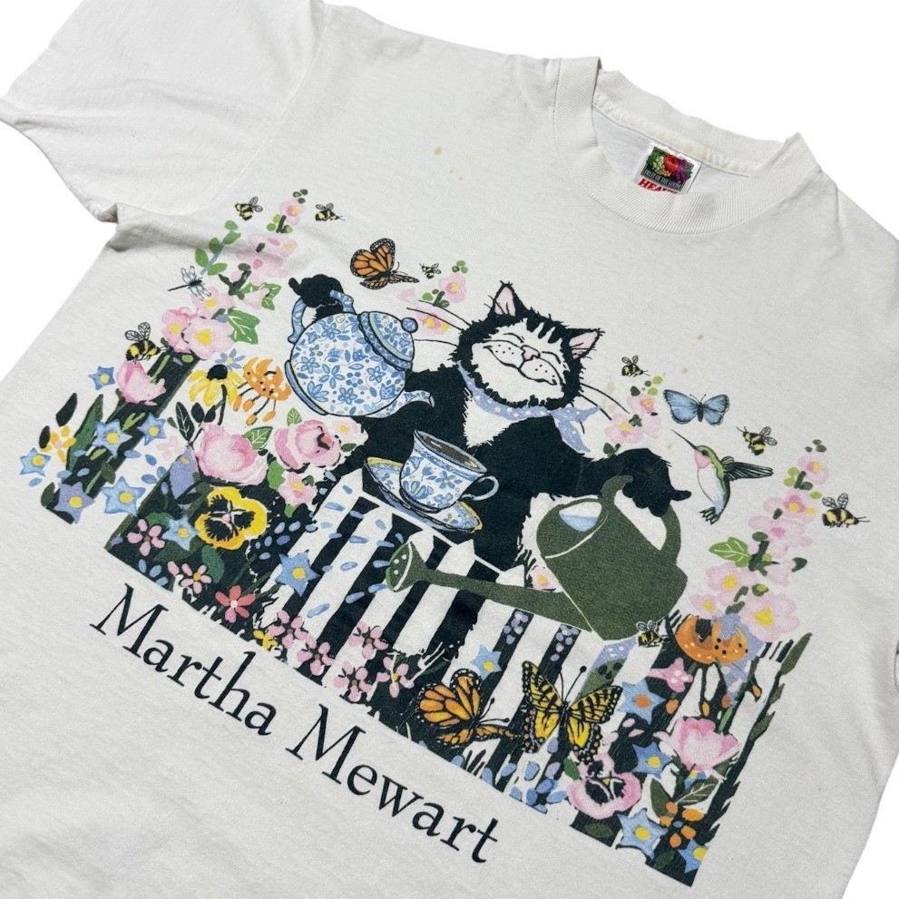 Vintage 90s Martha Mewart Cat Kitty Funny Animal Cottage Tea Art Graphic T-shirt