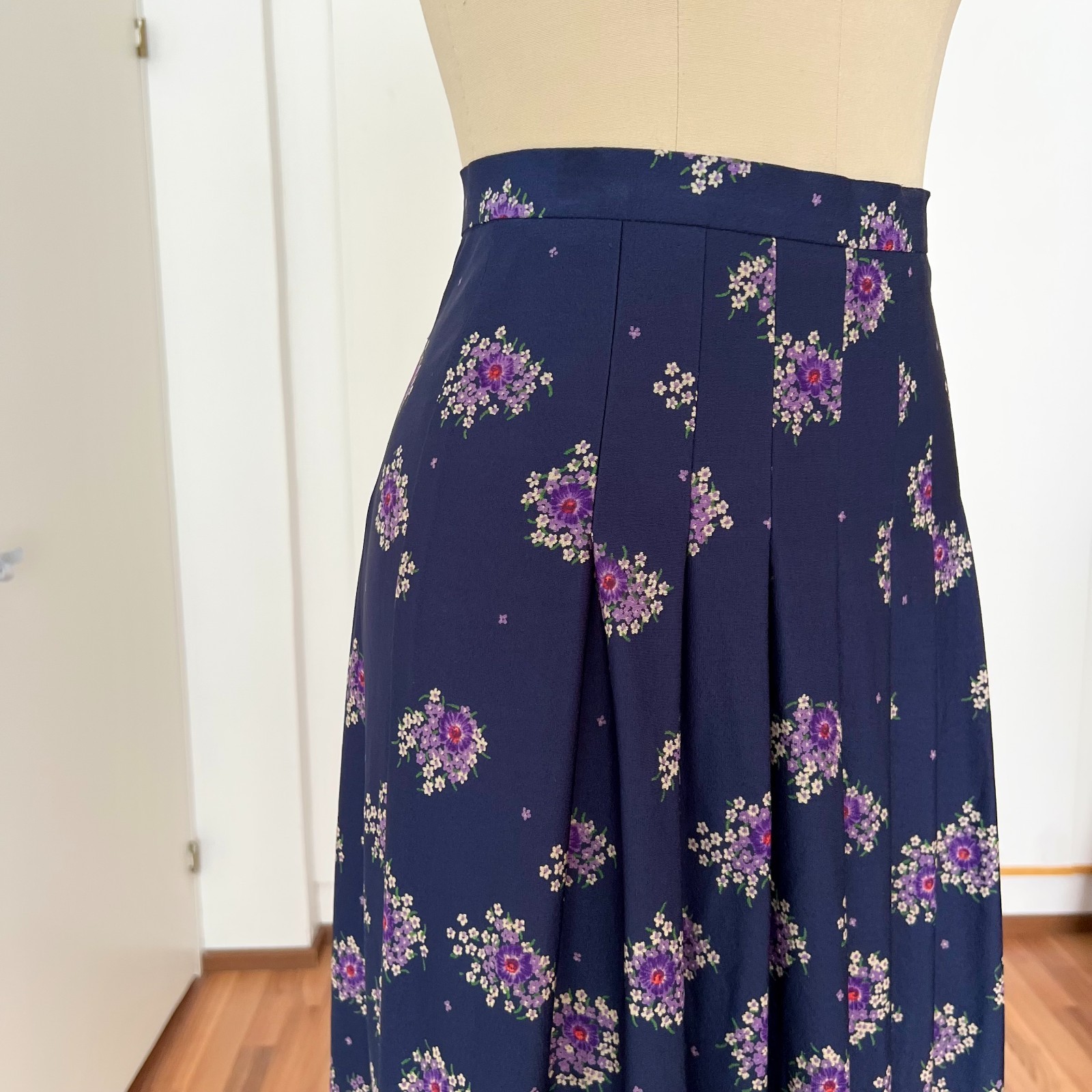 1970s Floral Pleated Maxi Skirt High Waist Boho Prairie Cottagecore Long Aline