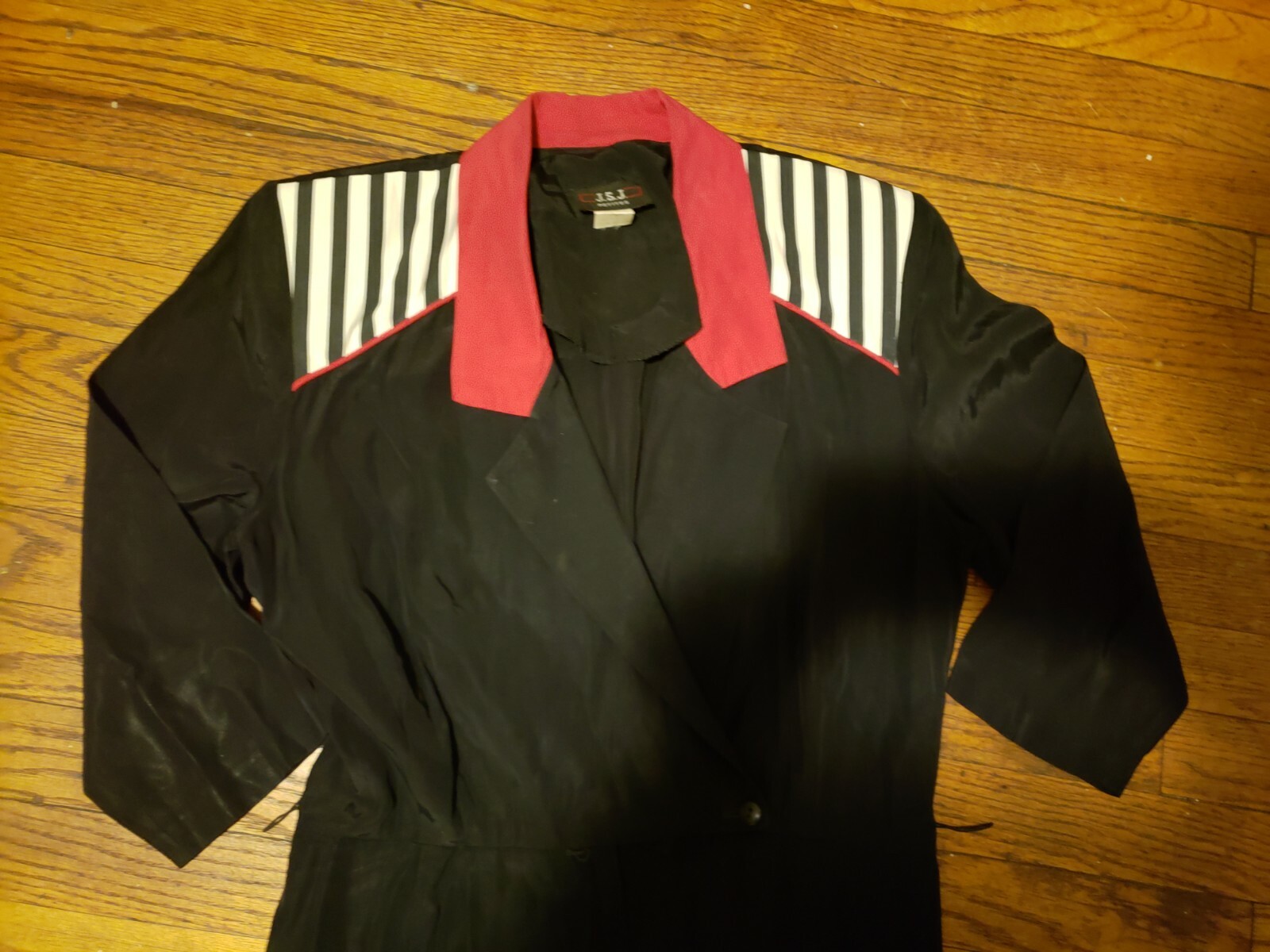 Vtg 80s 90s JSJ shoulder pad stiped Black petites Jumpsuit Party Pleats