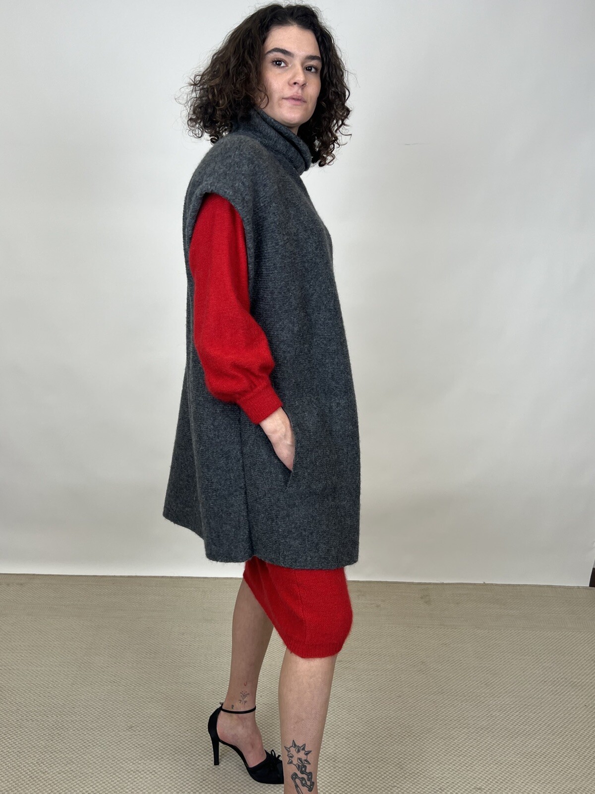 Vintage 1980s Karl Lagerfeld for Chloe Sweater Dress & Poncho Red Gray Designer