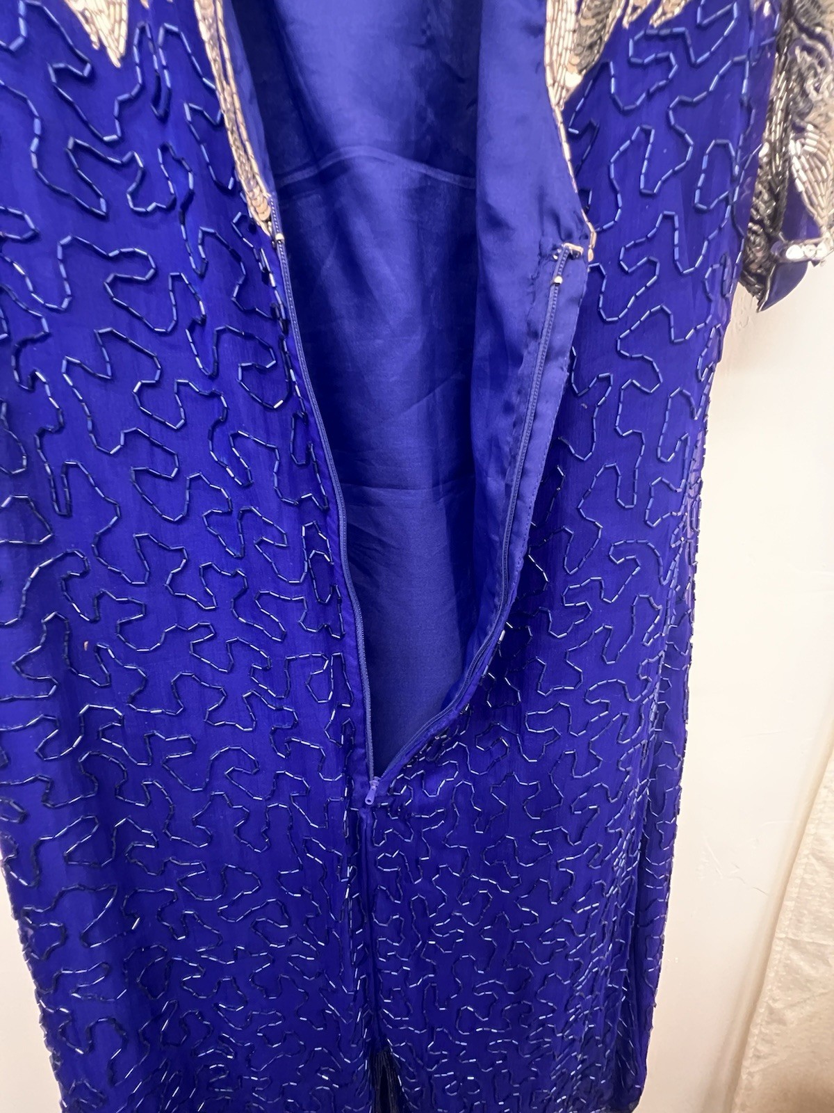 Vintage Formal Sequins Silk Beaded Dress Stenay 80’s Glamour Scallop Sleeves 14