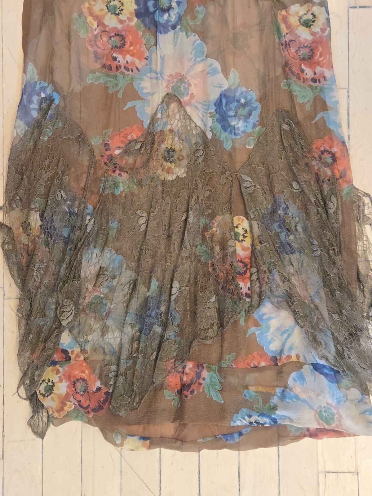 Antique 1920s Brown Silk Chiffon Mid Length Tissue Dress Large Colorful Floral