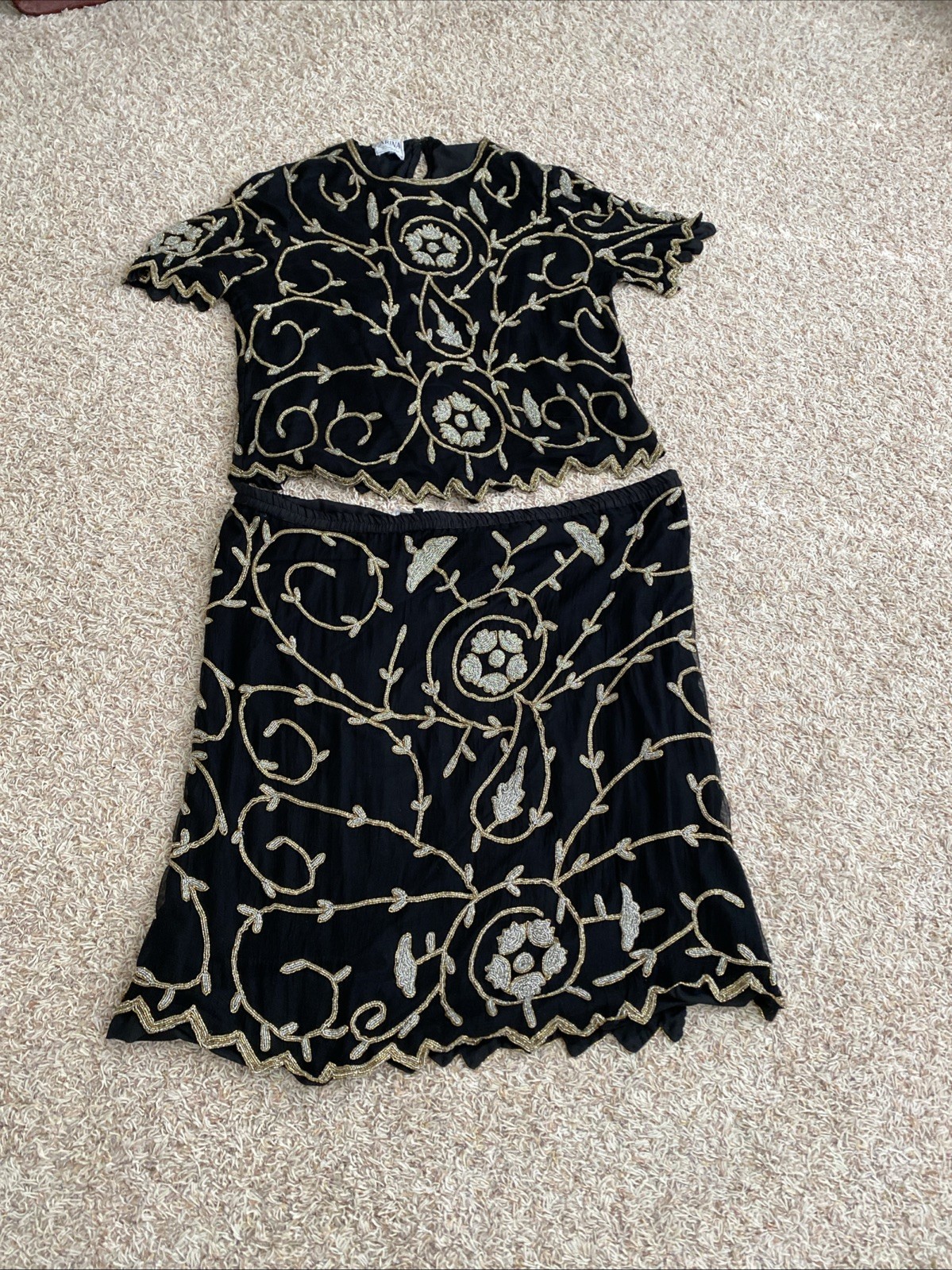 Vtg Carina Women’s Lot Of 2 Silk Beaded Two Piece Outfit Top Skirt Black Sz 3XL