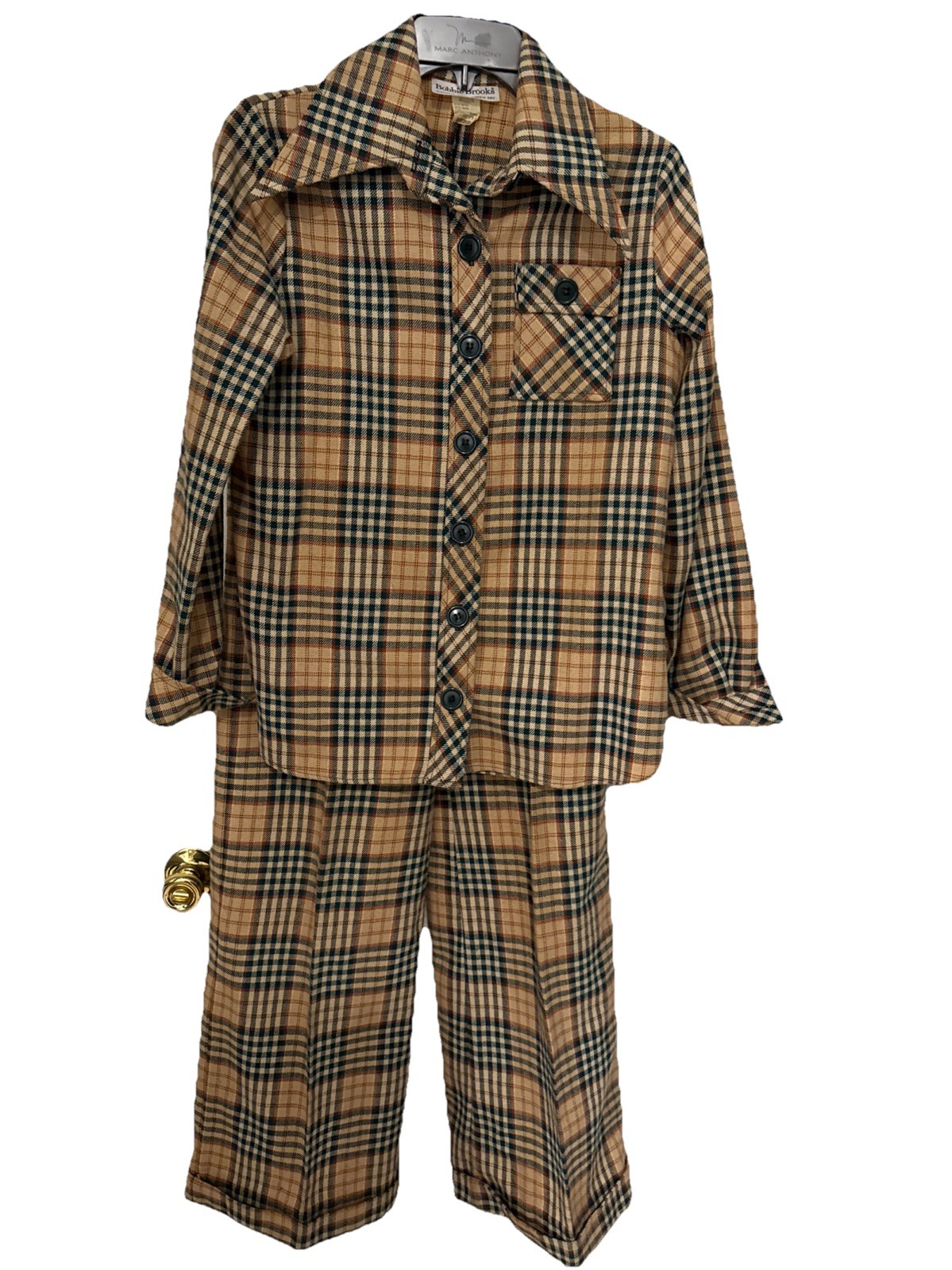 60s 70s Mod Bobbie Brooks Windowpane Plaid 2pc Pant Suit Black Tan Sz Tall