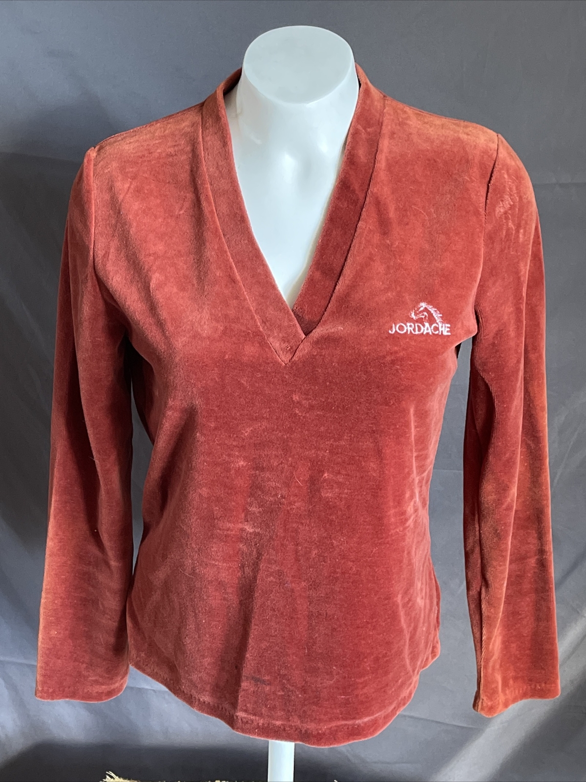 Vintage 1970s Terry Velour Top Jordache Horse Pullover Shirt Rust Brown Sz S