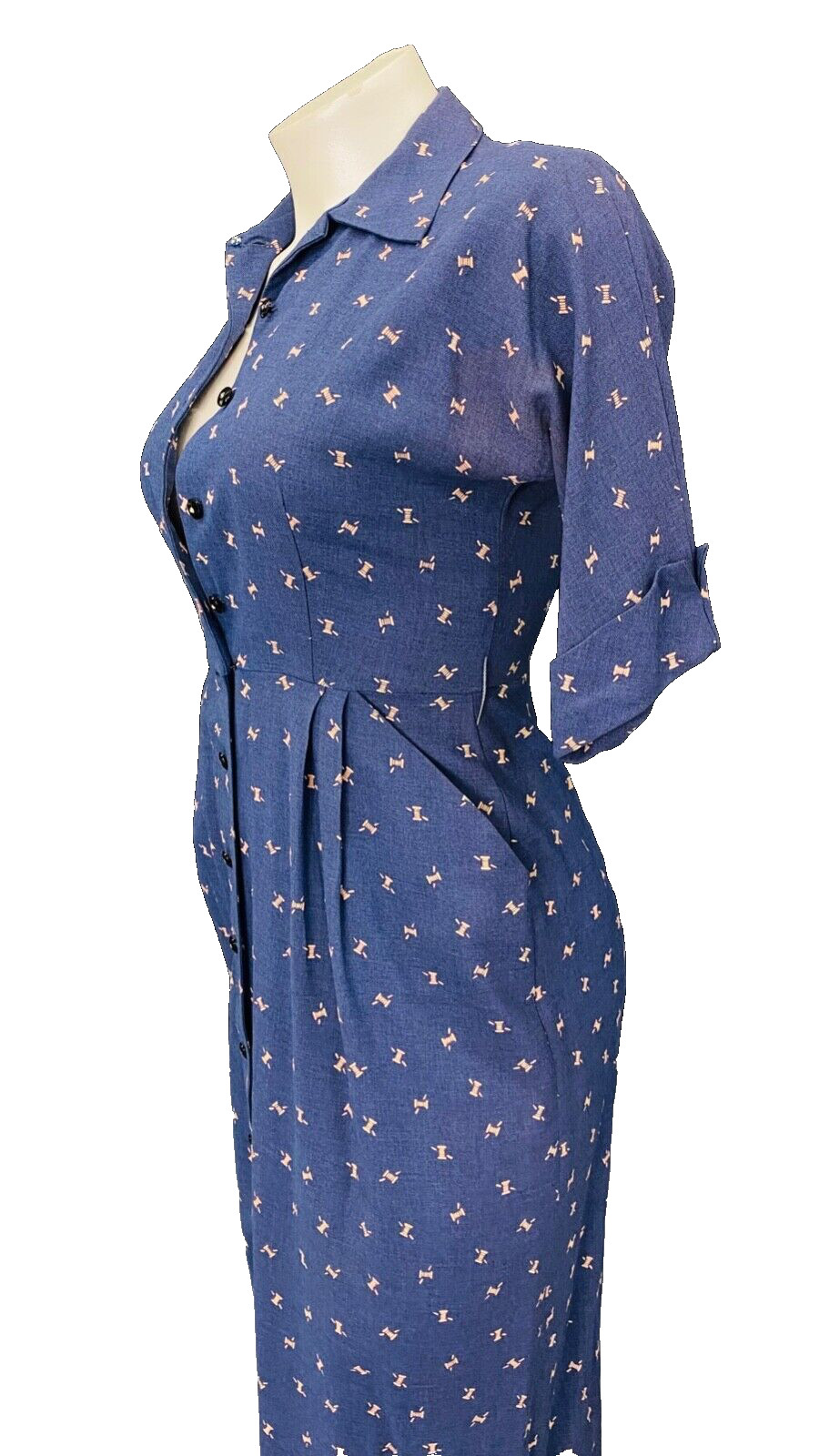 Vintage 1940s blue linen dress novelty print thread needle wiggle short sleeve L