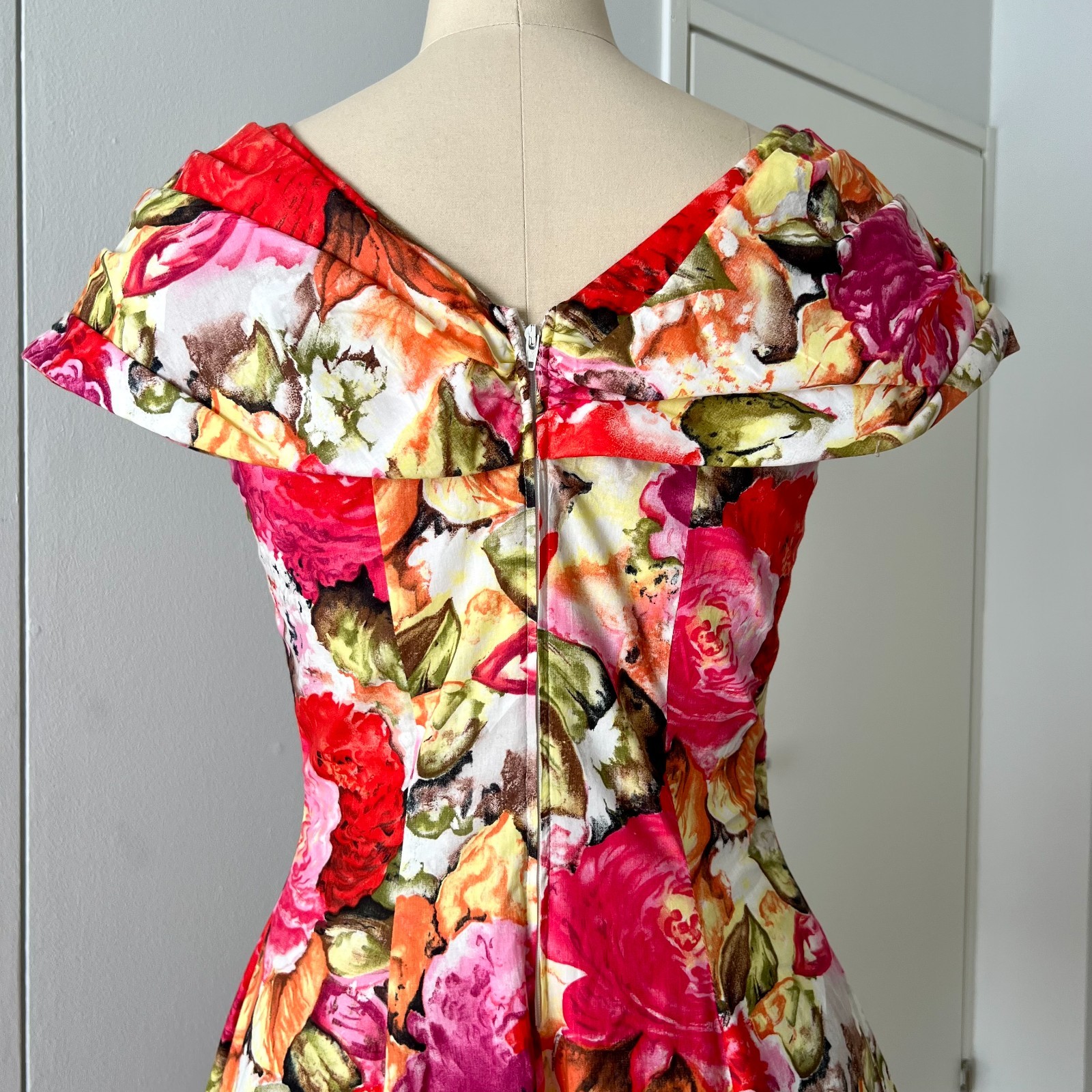 1980s Floral Rockabilly Cotton Dress Off Shoulder Fit & Flare Pin Up Party Retro