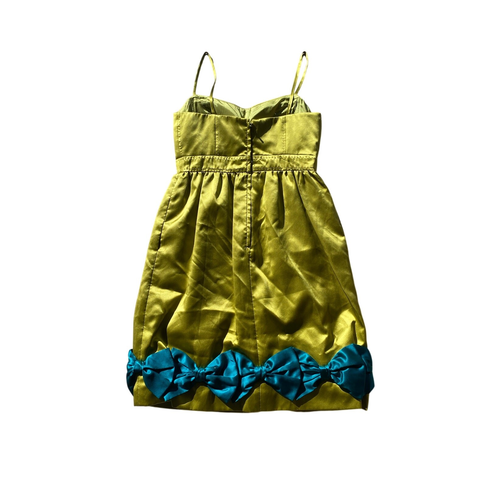 Y2k Chartreuse Green Silk Mini Dress Preppy Phoebe Couture Blue Bow Bratz Doll