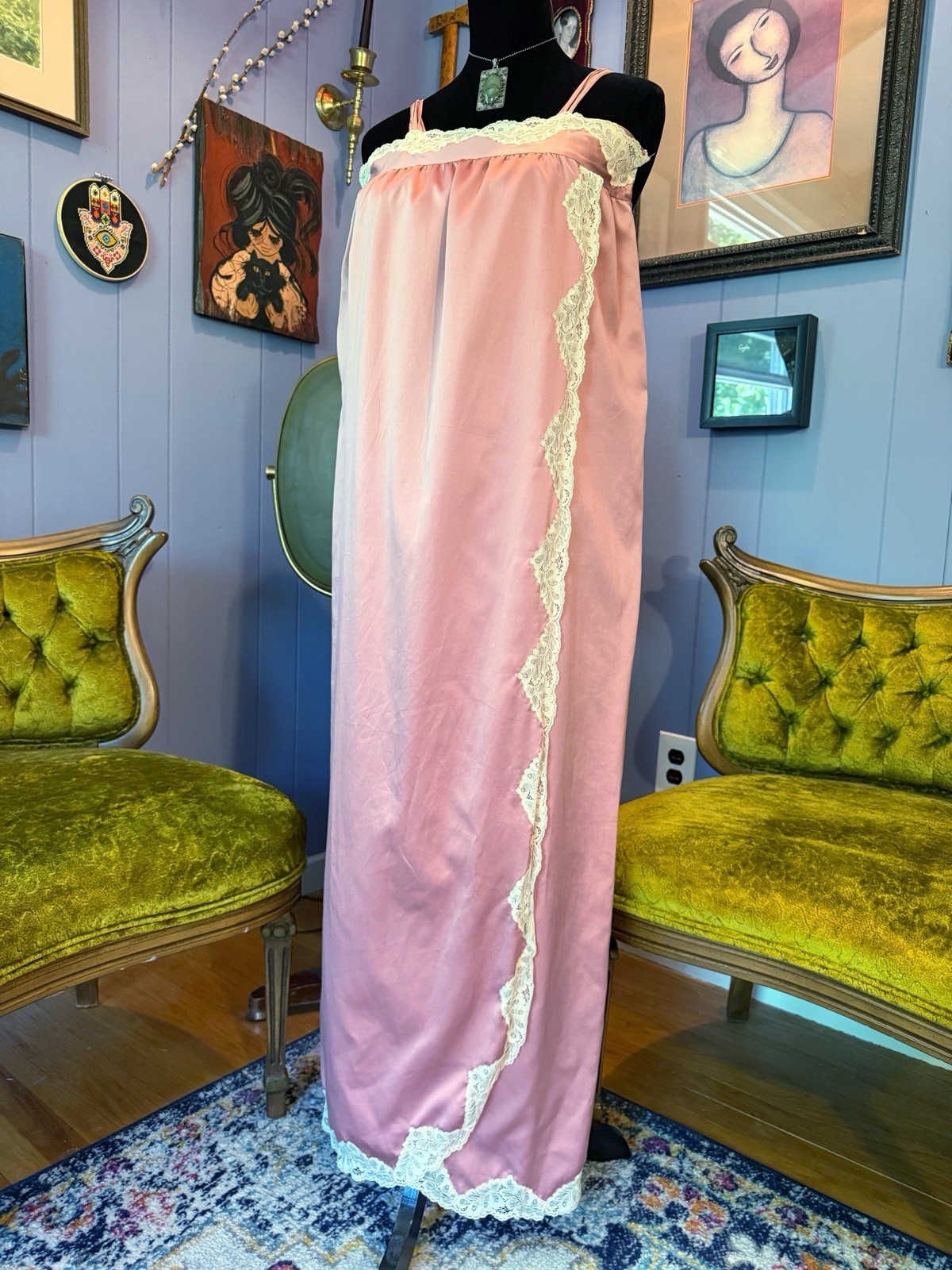 Vintage Corhan Noumair Pink Lace Nightgown Lounge Dress Slip Dress Size Small