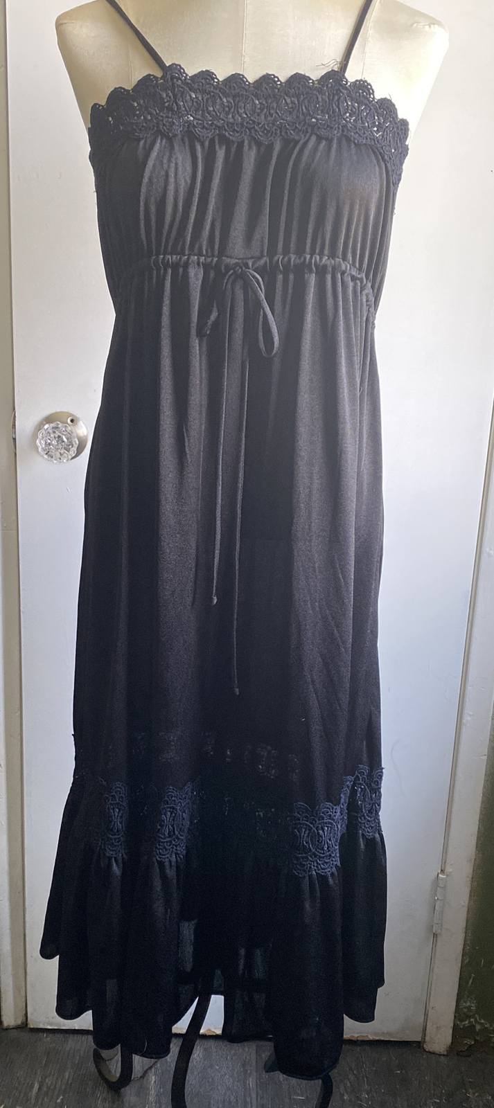 vintage black slip dress silky poly lace zip back goth vampire halloween