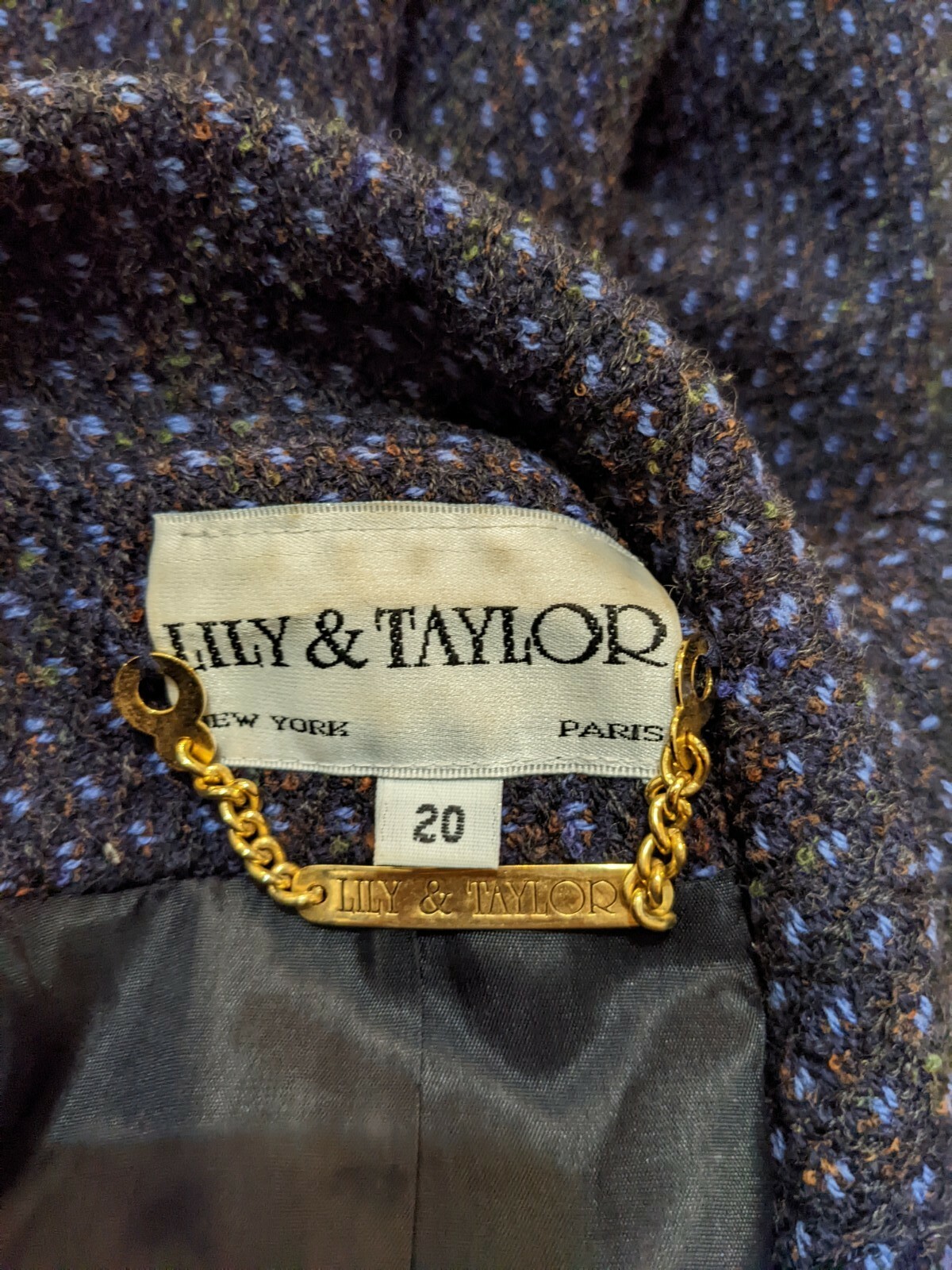 VTG Lily & Taylor New York Paris Blue Tweed Coat Double Button Sz PLUS 20 XXXL