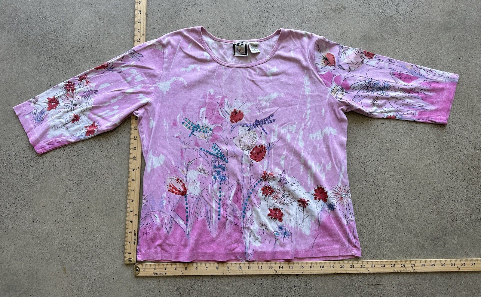 Vintage Y2K Take Two Clothing Co. Pink Sequin Floral Dragonfly Garden Shirt Sz M