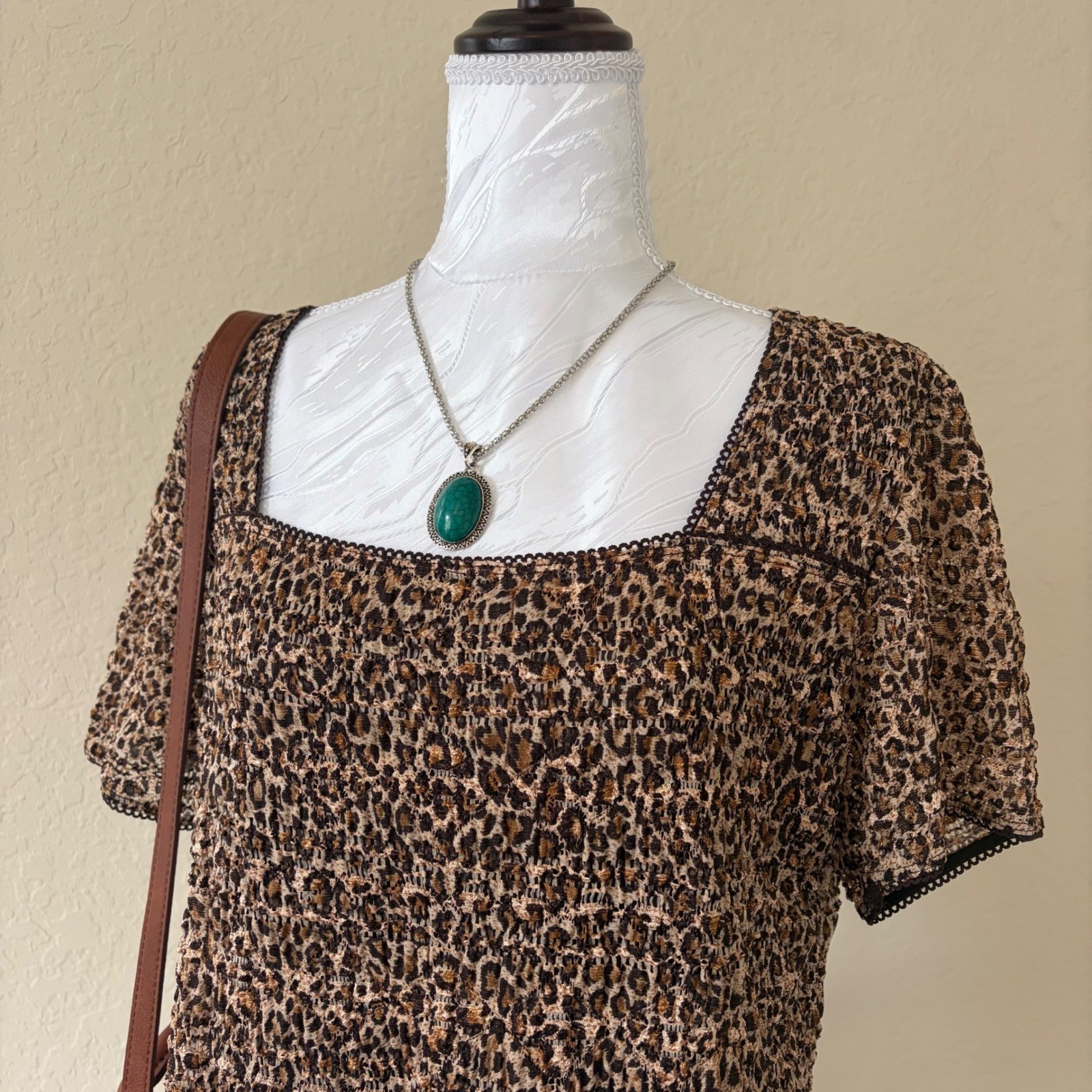 Vintage Y2K East 5th Leopard Print Smocked Blouse Stretch Square Neck Top XL