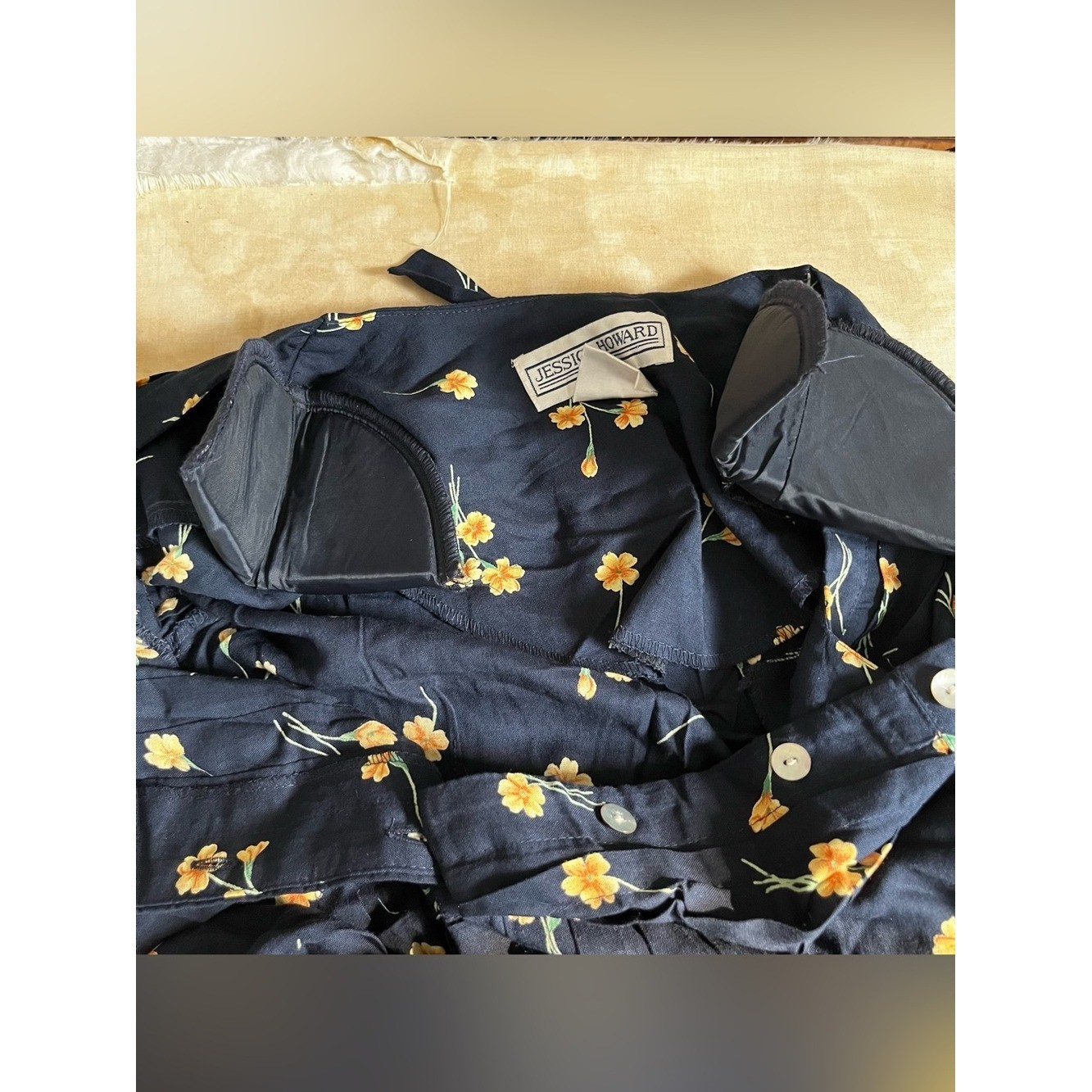 Jessica Howard Navy Maxi Dress Yellow Floral mother pearl buttons Vintage Sz 8