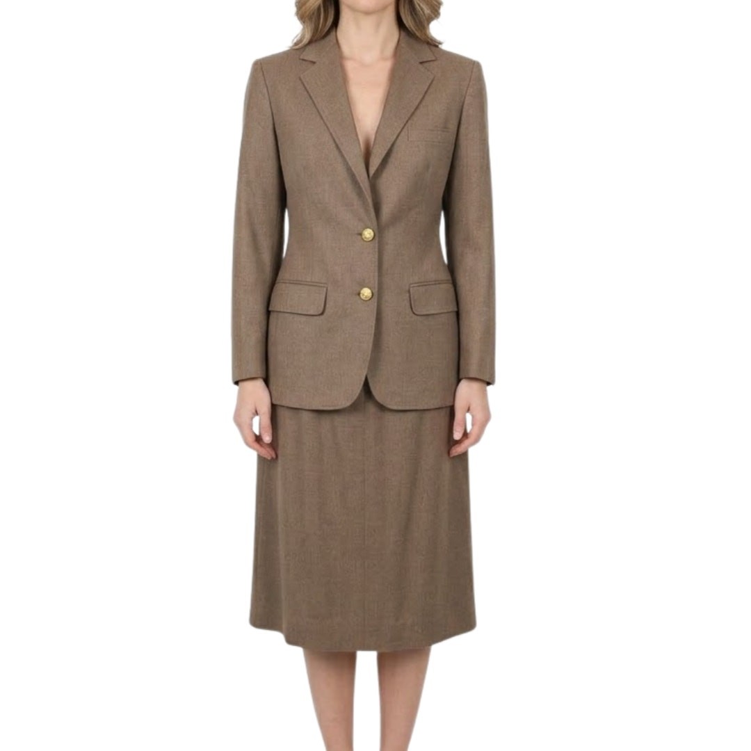 Vintage 80s Brown Blazer Gold Button Midi Skirt Suit Van Julian 6 Single Breast