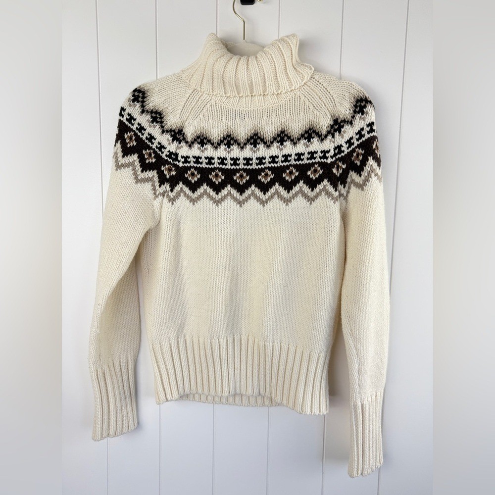 The Limited Fair-Isle Chunky Wool Vintage Cream and Brown Turtleneck Sweater L