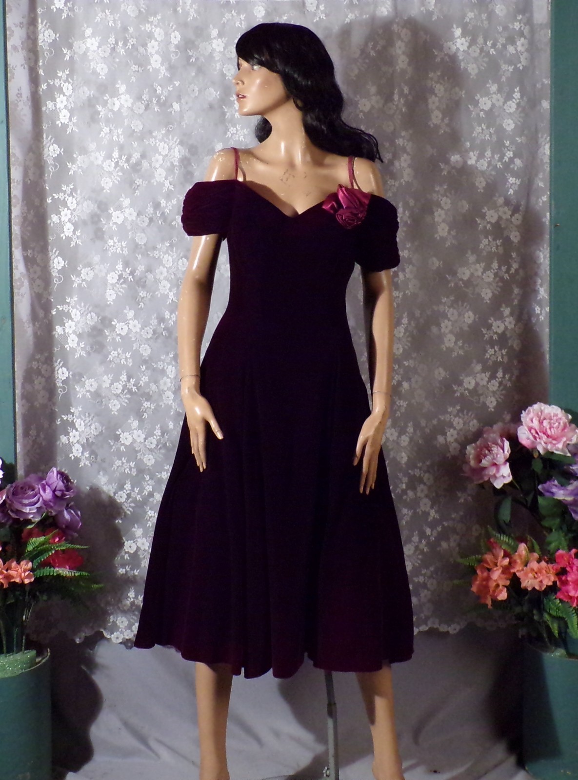 Vintage 90s Velvet Party Dress Size Small 1990s Retro Dark Romance Off Shoulder