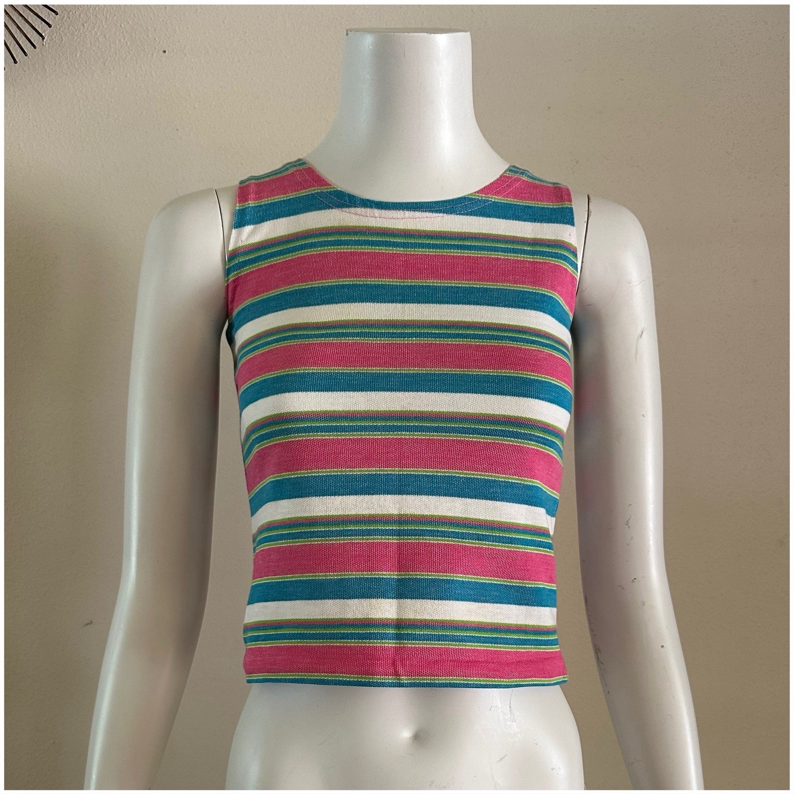 VTG 60s 70s Striped Knit Tank Top Mod Surf Beach Resort Candy Pink Crop XS S