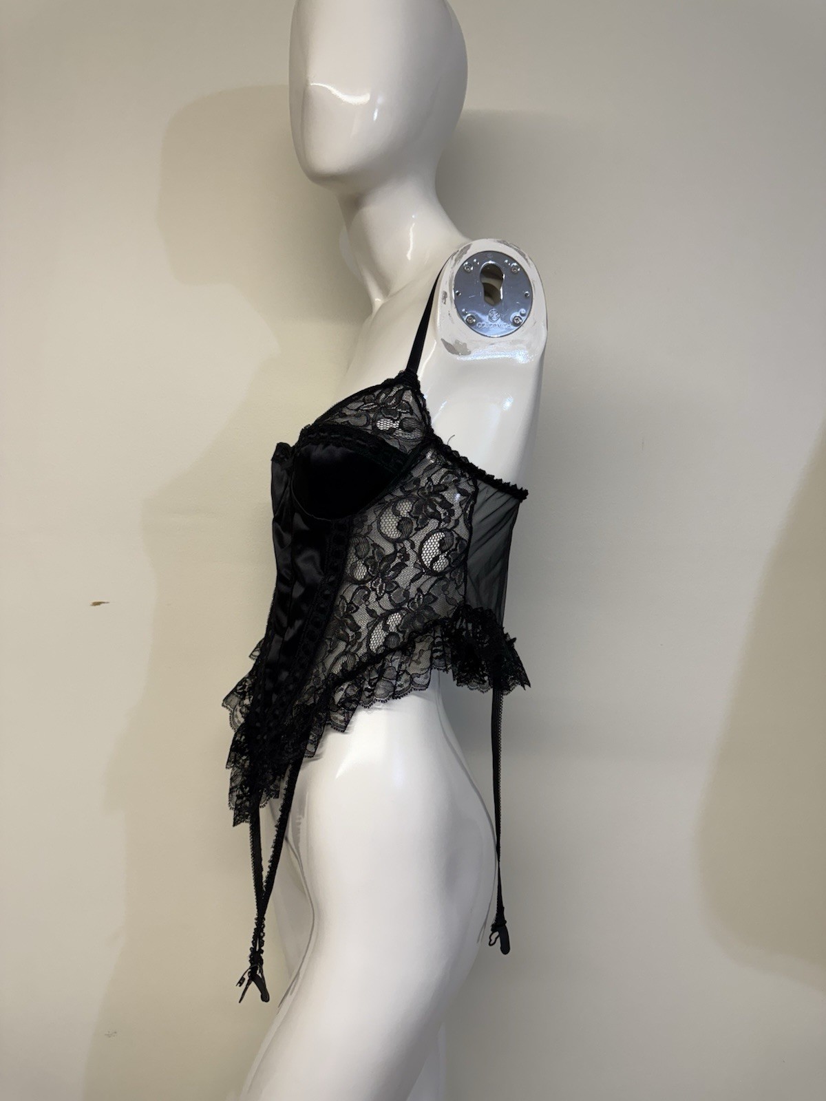 Vintage Intimo Amore Black Lace Bustier Satin Corset Top Lingerie Garter Sz Medi