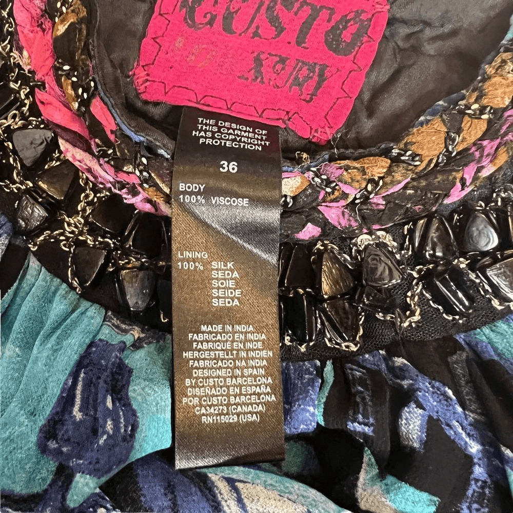 Custo Barcelona Silk Blend Beaded Tunic Dress Abstract Print Blue Size 36 XS (08