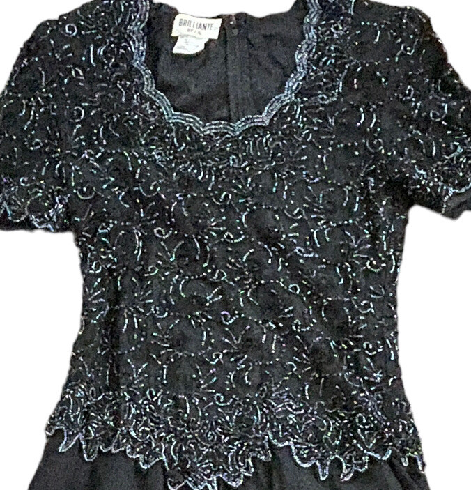 Vtg 80s Mother Of The Bride Dress M Black Beaded Top Sheer Chiffon Flowy Skirt