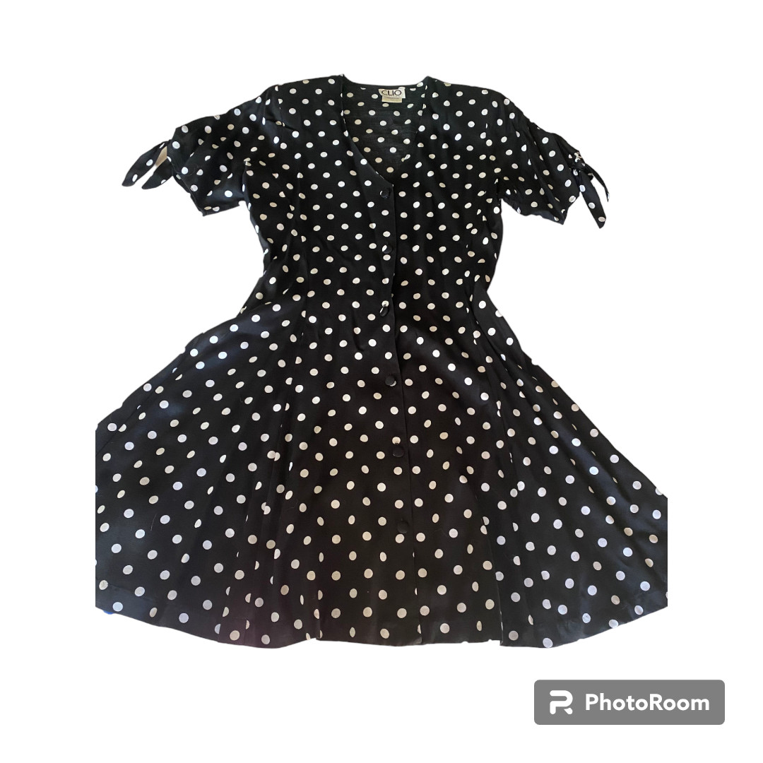 Clio Petites Vintage 80s Women’s button down black/ white Polka Dot Dress sz 8P