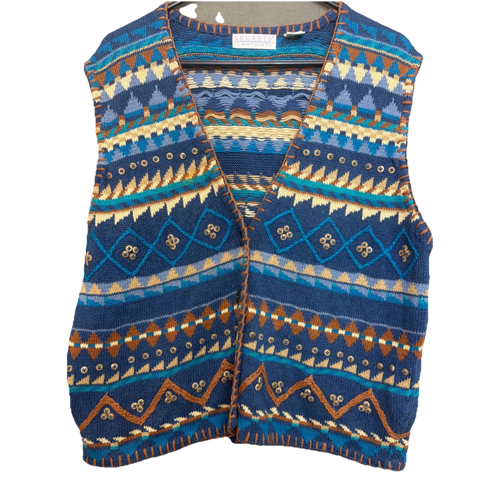 Vintage Segrets Sun Prints sweater vest Wms Sz M Southwestern Tribal Boho Rustic