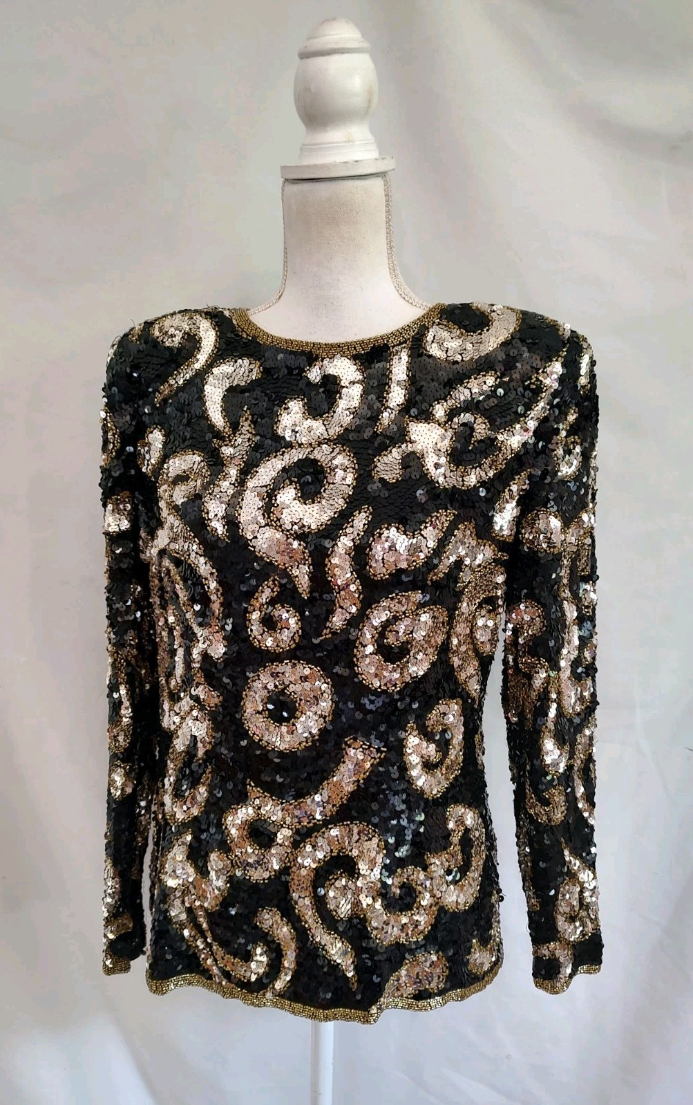 90’s Vintage Joan Leslie Sequin Top Blouse Sparkle Long Sleeve Black Sz 10