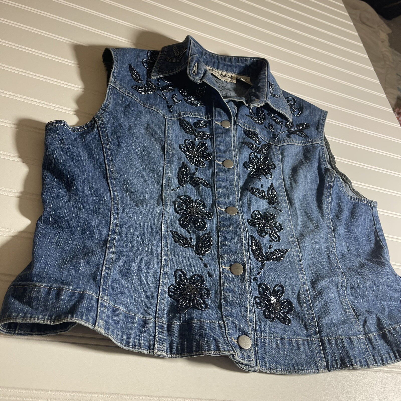 Flashback Vintage 1990’s Womens Beaded Floral Denim Jean Vest – Petite Medium