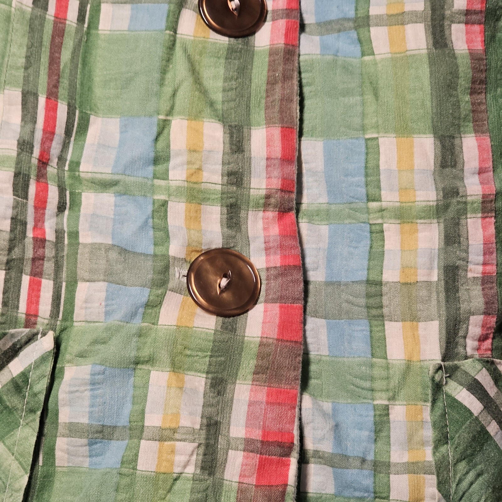 VTG Sears Fashions Shortsleeve Blouse Plaid Pastel Green Collared Cotton 70s 14