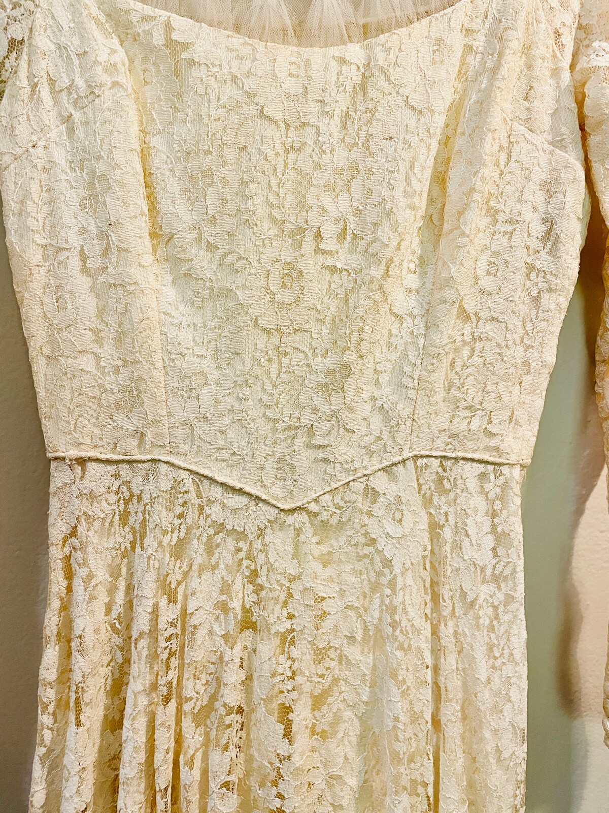 VTG 50’S OFF WHITE LACE&TULLE PEARLS NEW LOOK CIRCLE SKIRT WEDDING DRESS *XXS/XS