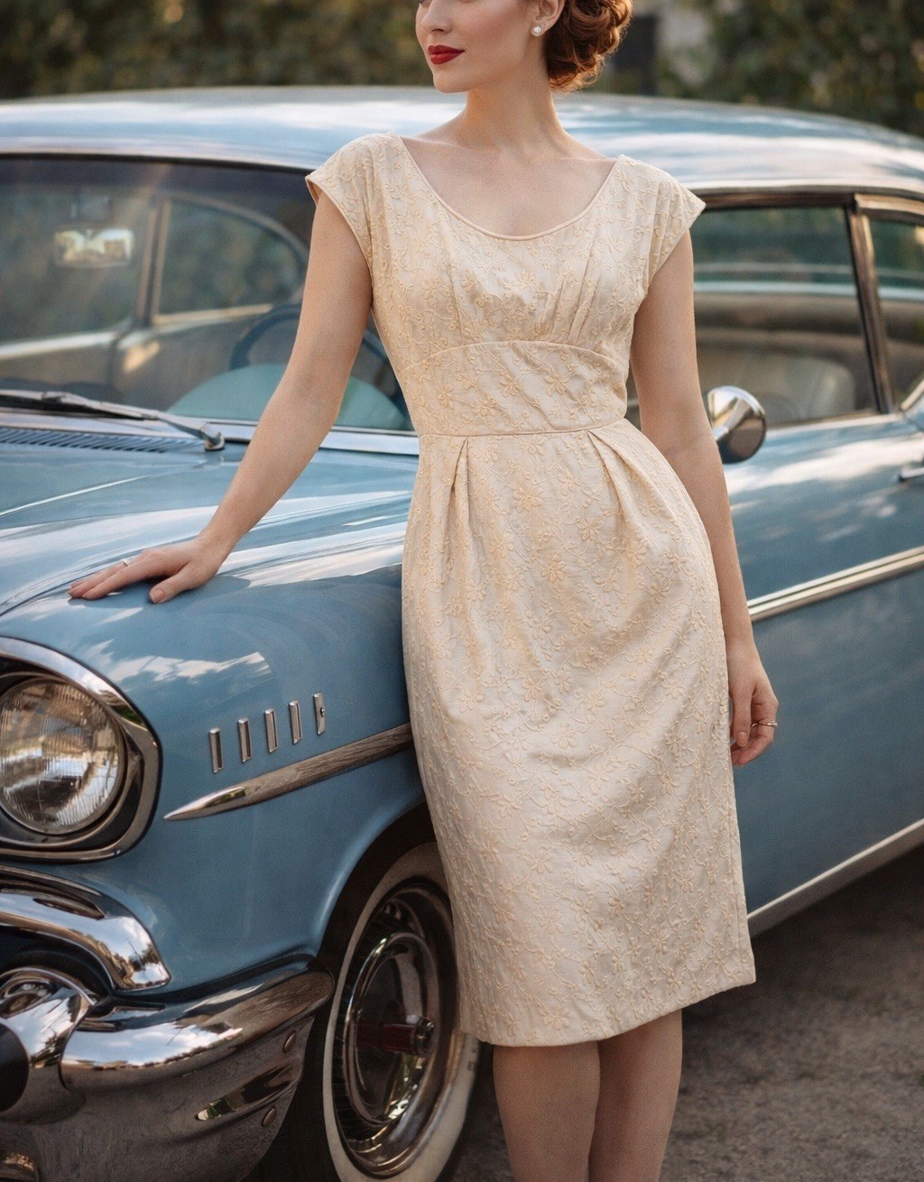 Vintage 50s DON LOPER Eyelet Embroidered Cocktail Dress Medium 36″ Bust Tagged