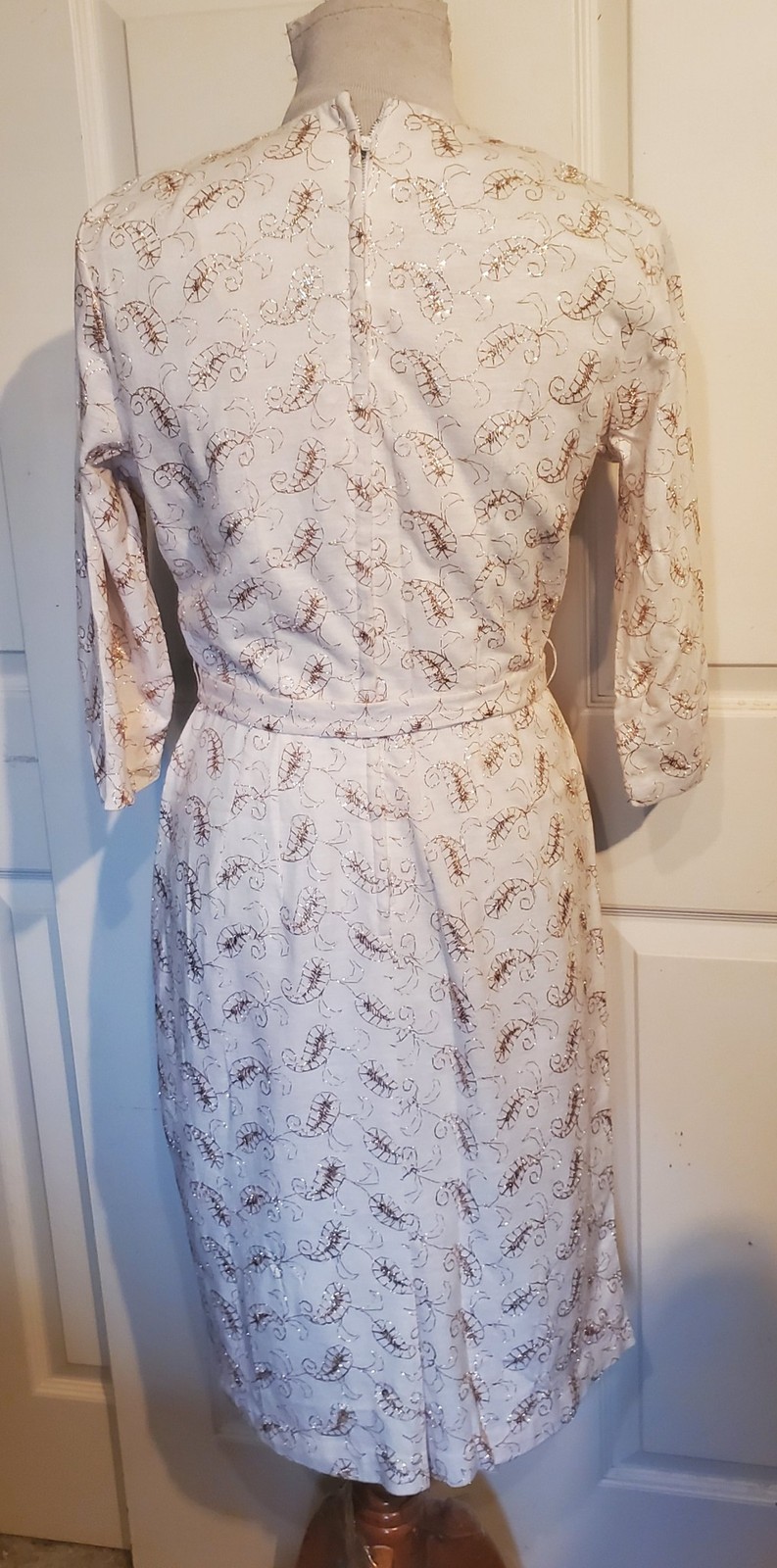 Vintage 50s 60s Winter White Wool Dress Metallic Gold Trim B38