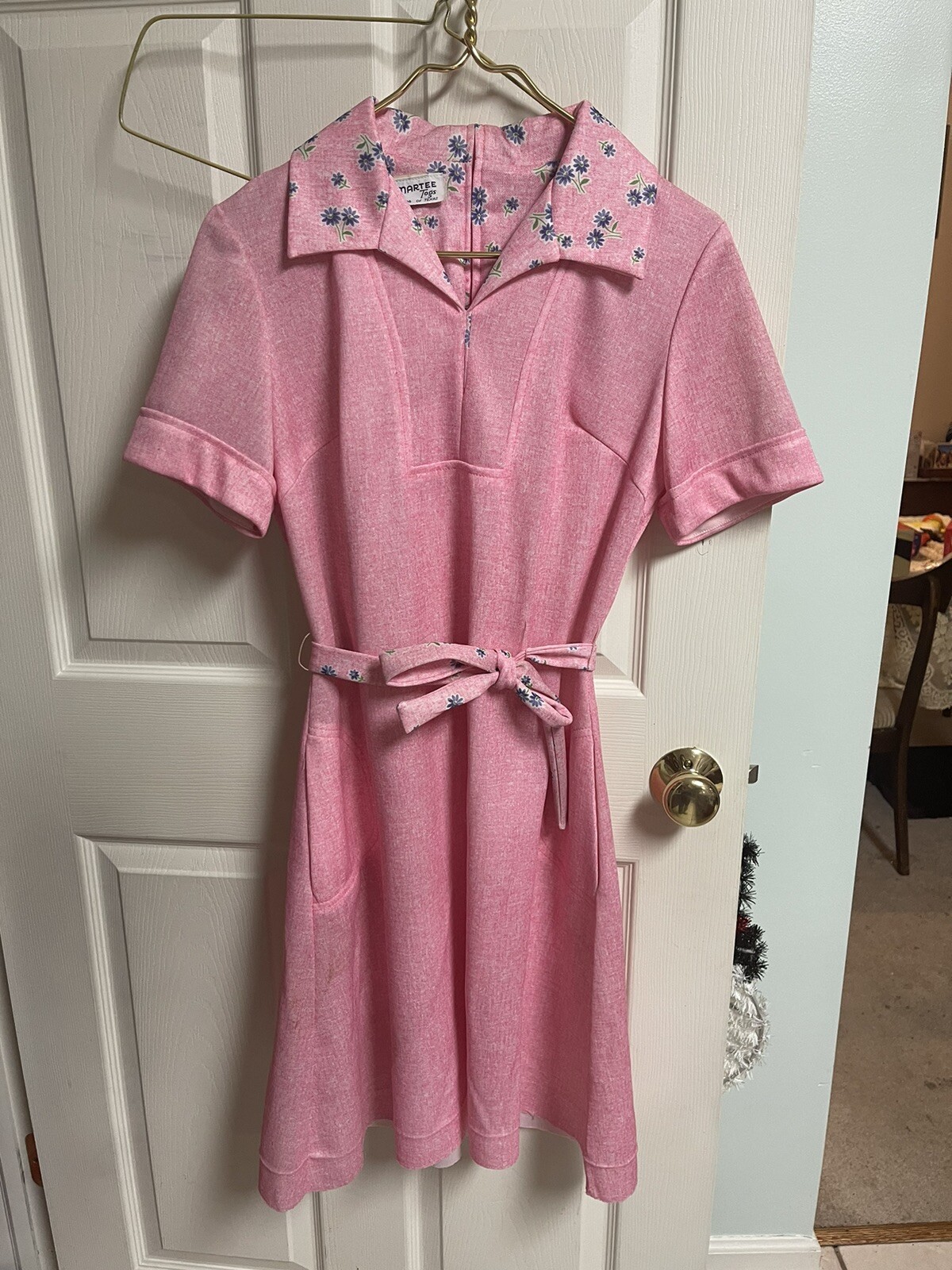 60s 70s Smartee Floral Fit & Flare Dress Pink Rockabilly Med Belt Tradwife Zip
