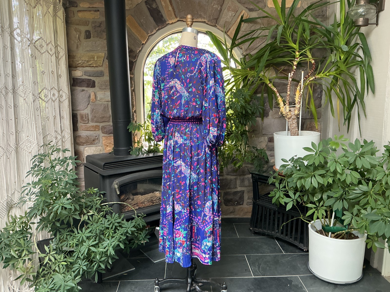 Vintage Blue and Pink Sequin Panther and Floral Print Midi Dress Diane Freis