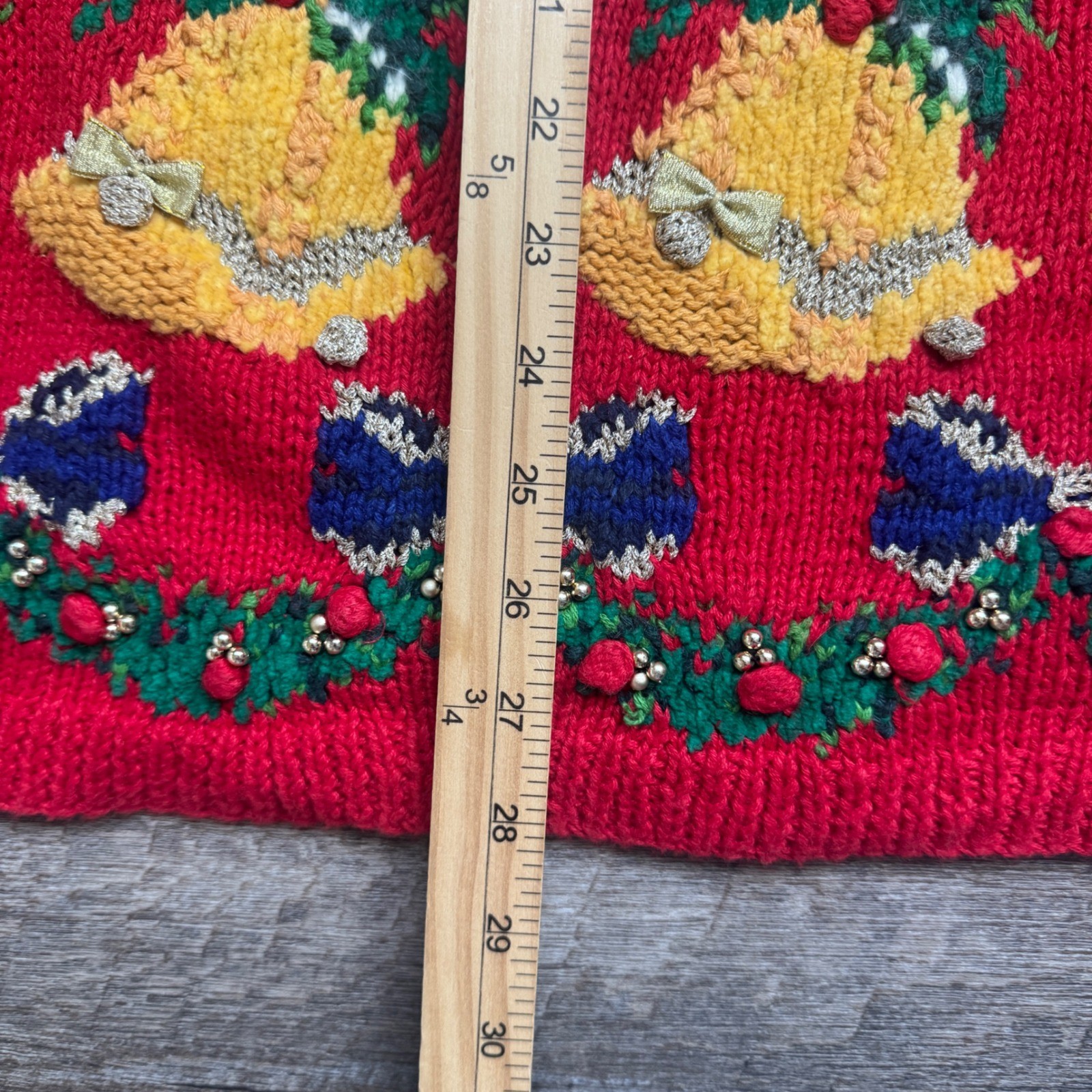 Marisa Christina Vintage Hand Knit Christmas Granny Sweater Red Teddy Bear Bell