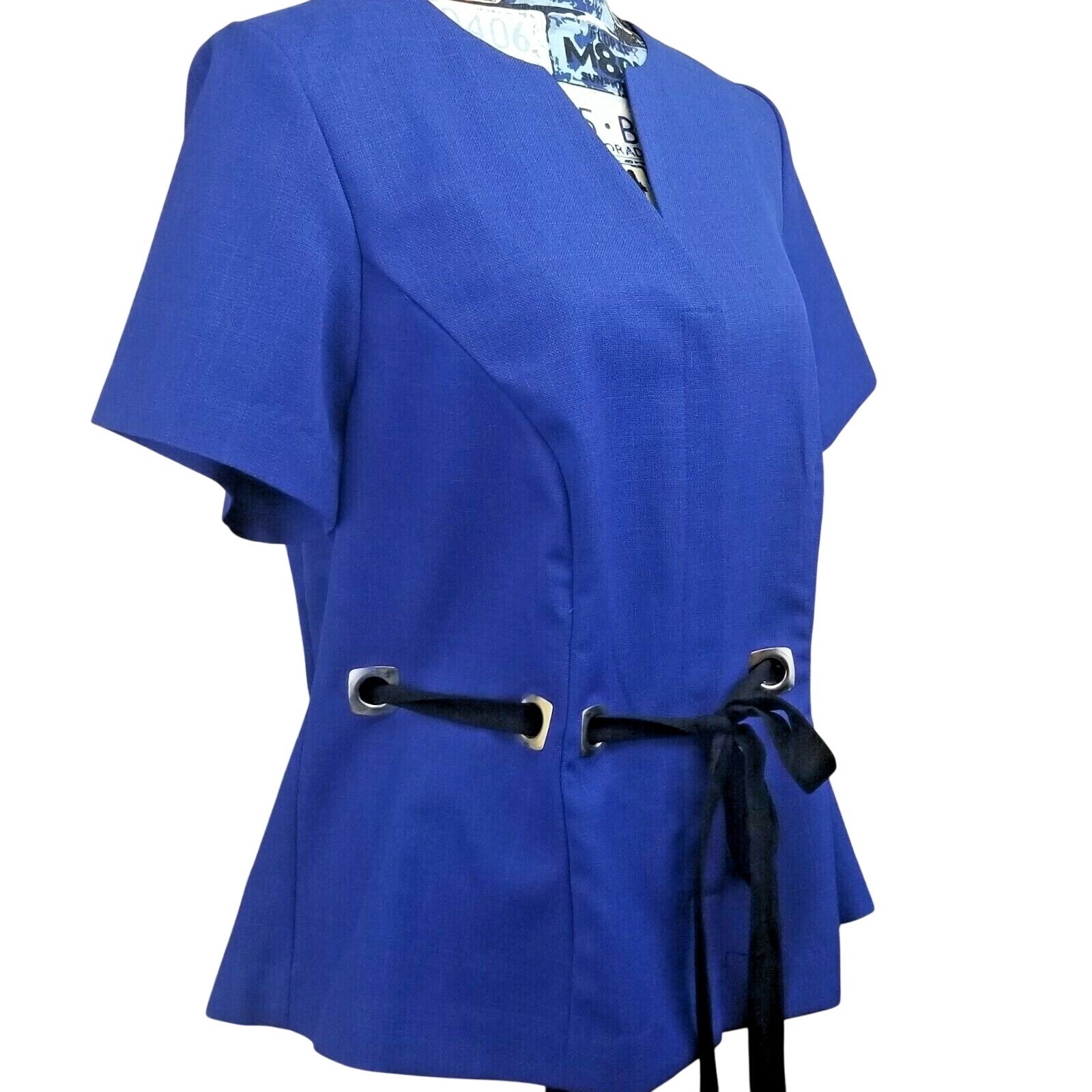 Vintage 80s R&K Originals Womens Jacket XL 1X Blue Hidden Buttons Tied Waist