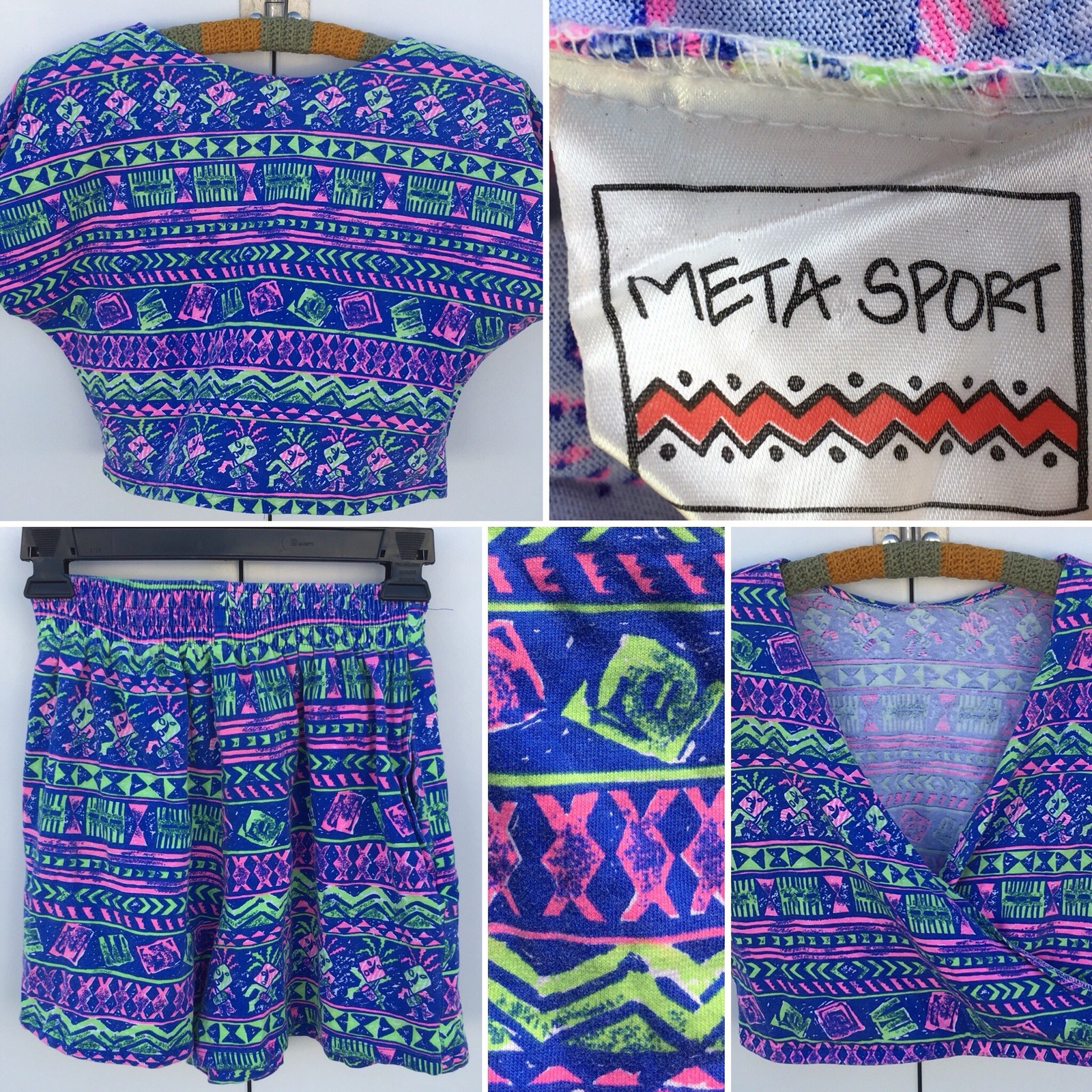 Vintage Meta Sport Shorts & Crop Top 80s Neon Geometric 1980s Size L runs small