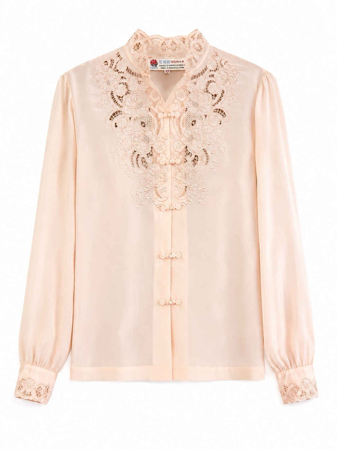 Vintage Silk Blouse XS/S Pale Pink Hand Embroidered Balletcore Coquette Chic