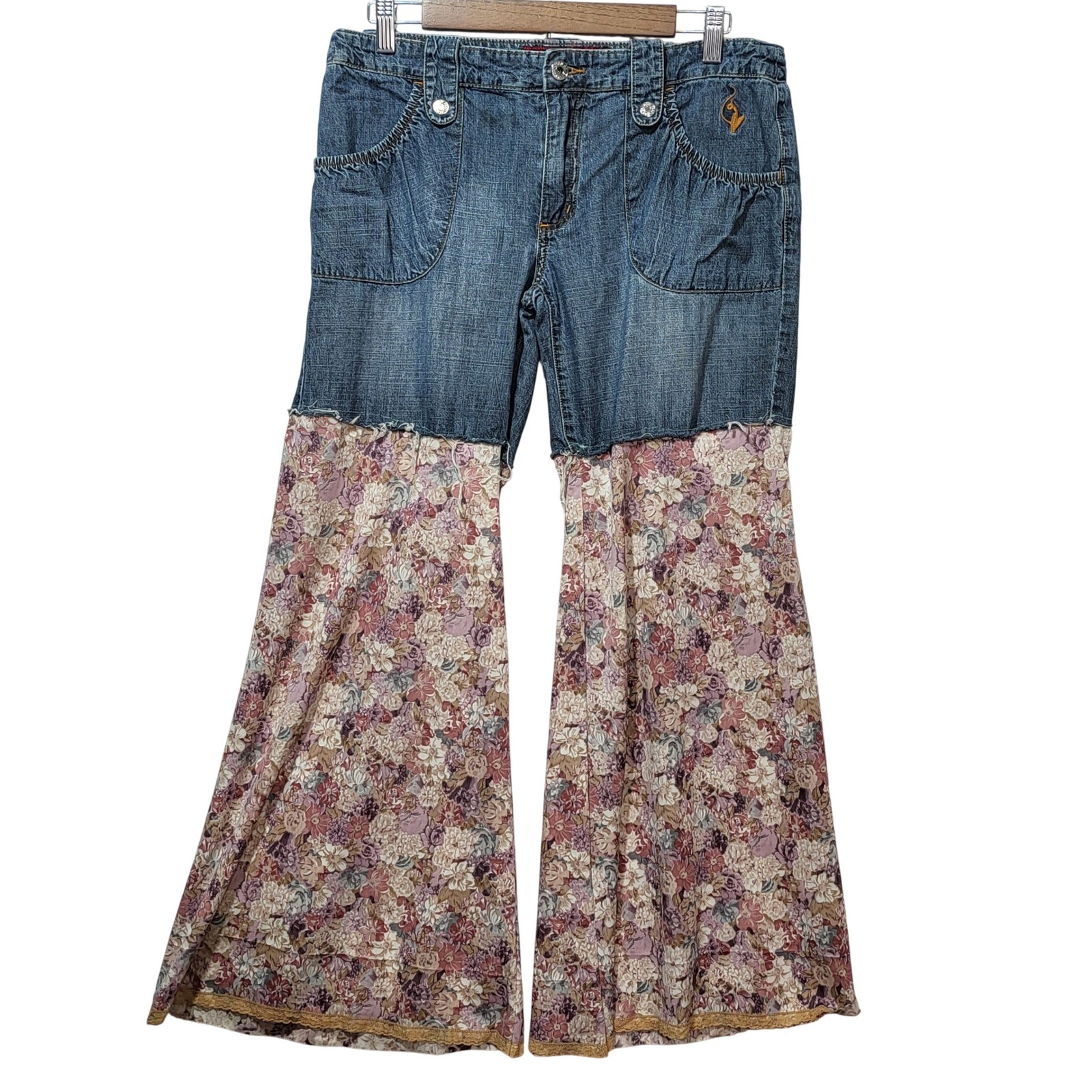 Baby Phat Vintage Y2K Floral Flare Wide Leg Jeans Blue Denim Boho Women 11/12